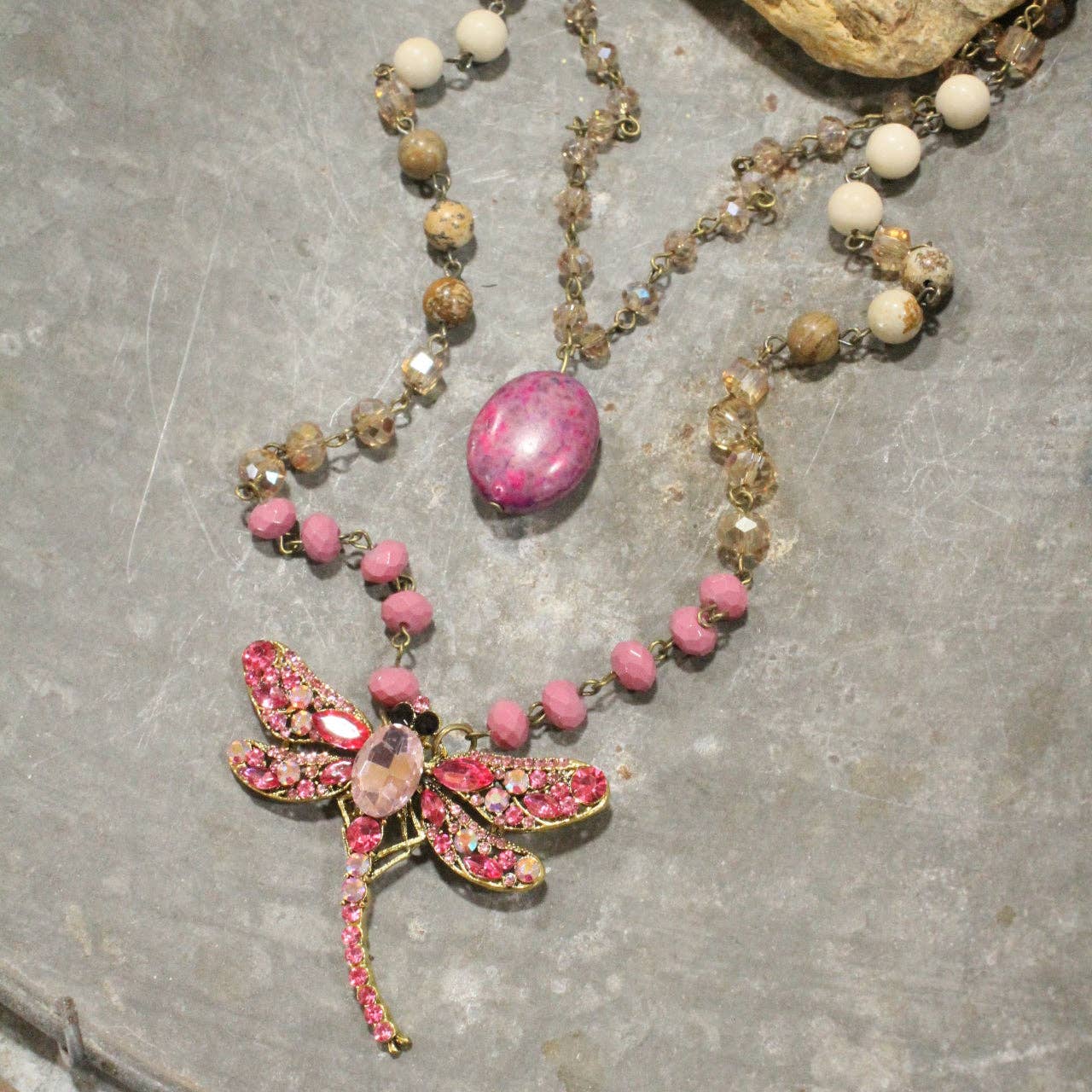 Silent Whispers Dragonfly Bling Shades Of Pink Layered Necklace - Juli's Wearable Art