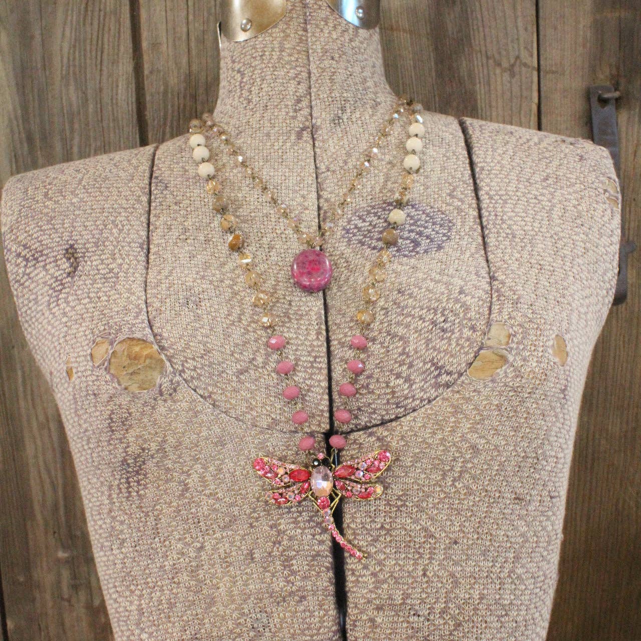 Silent Whispers Dragonfly Bling Shades Of Pink Layered Necklace - Juli's Wearable Art