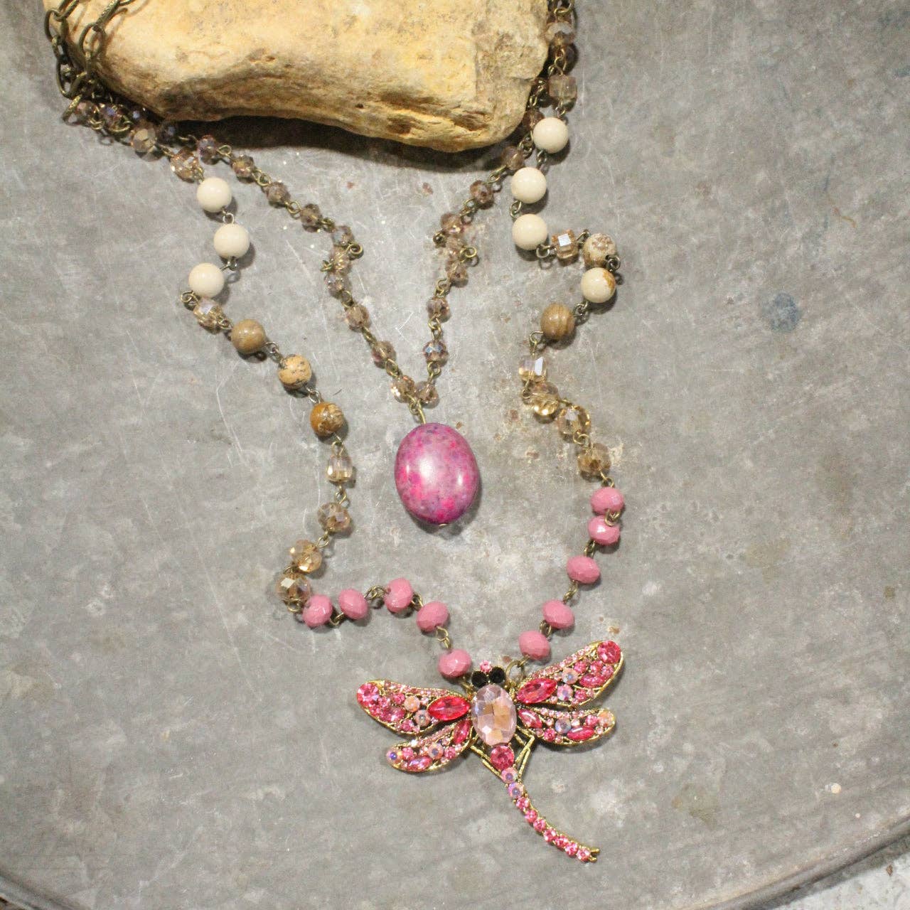 Silent Whispers Dragonfly Bling Shades Of Pink Layered Necklace - Juli's Wearable Art