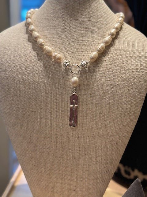 Silver Cross on Bar + Freshwater Pearls Necklace - Juli's Wearable Art