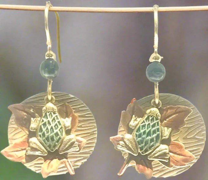 Silver Forest Frog on Leaf Disc Earrings - Juli's Wearable Art