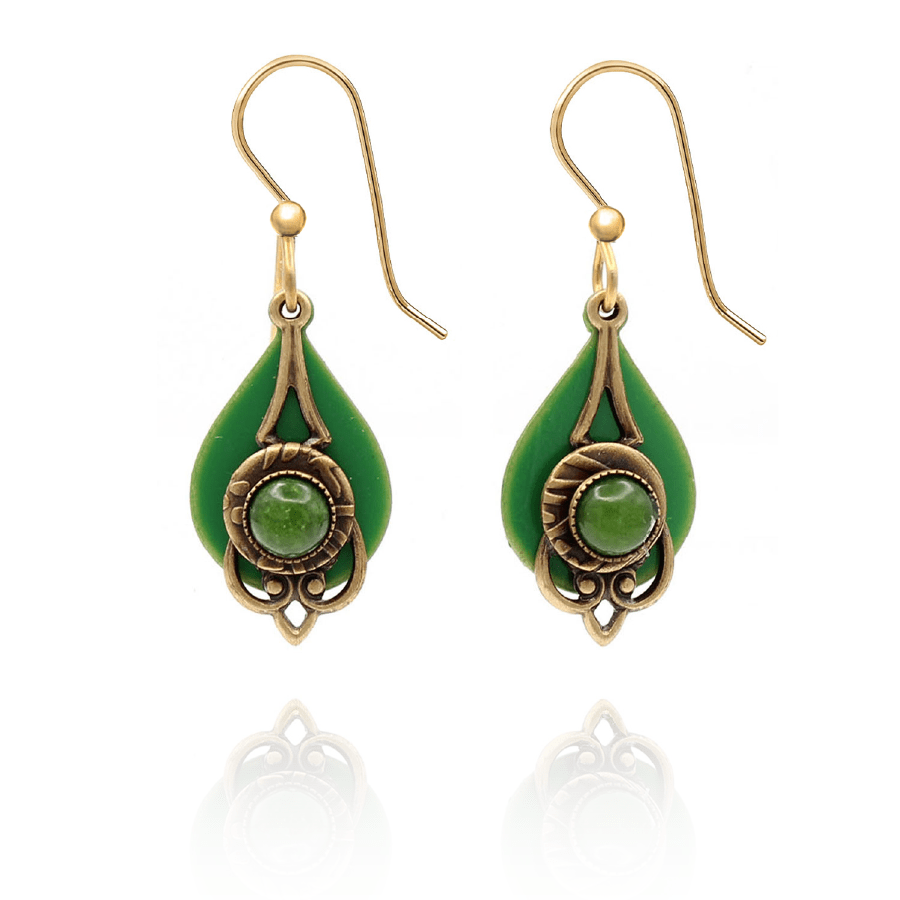 Silver Forest Green & Brass Filigree Dangle Earrings - Juli's Wearable Art