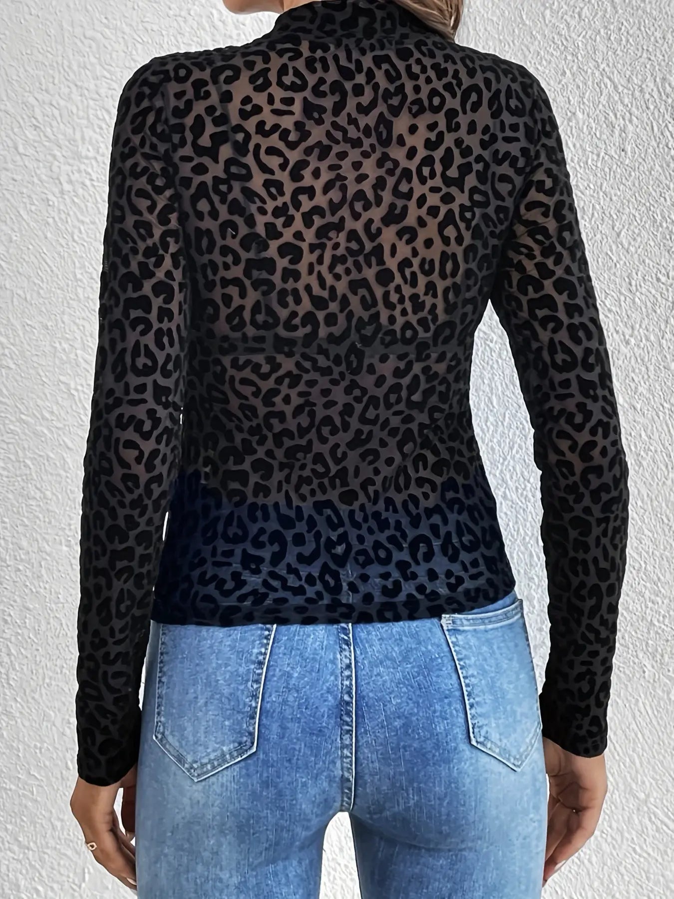 Single - Layer Semi - High Neck Tulle Base Shirt – Black Animal Print - Juli's Wearable Art