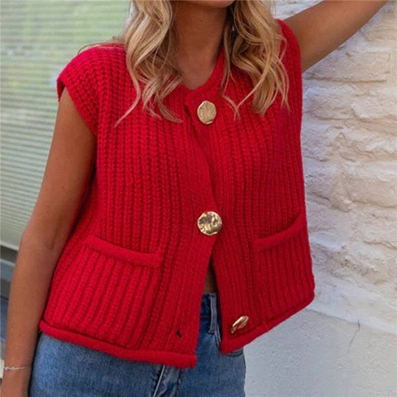 Solid Red Loose Knit Vest - Juli's Wearable Art