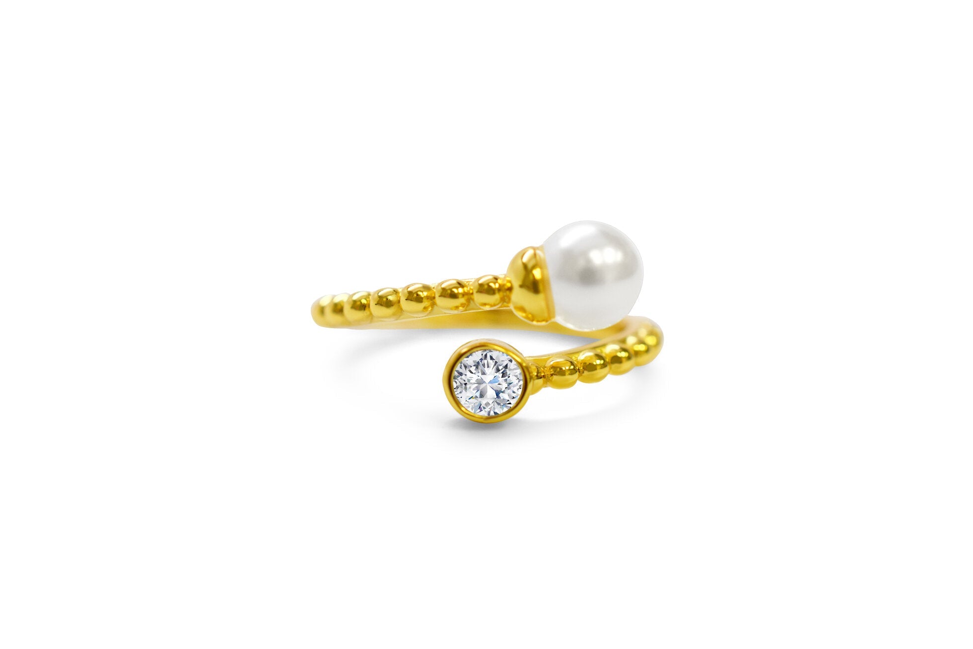 Stia “It Fits!” Pearl & Bezel CZ Crossover Ring – Gold - Juli's Wearable Art