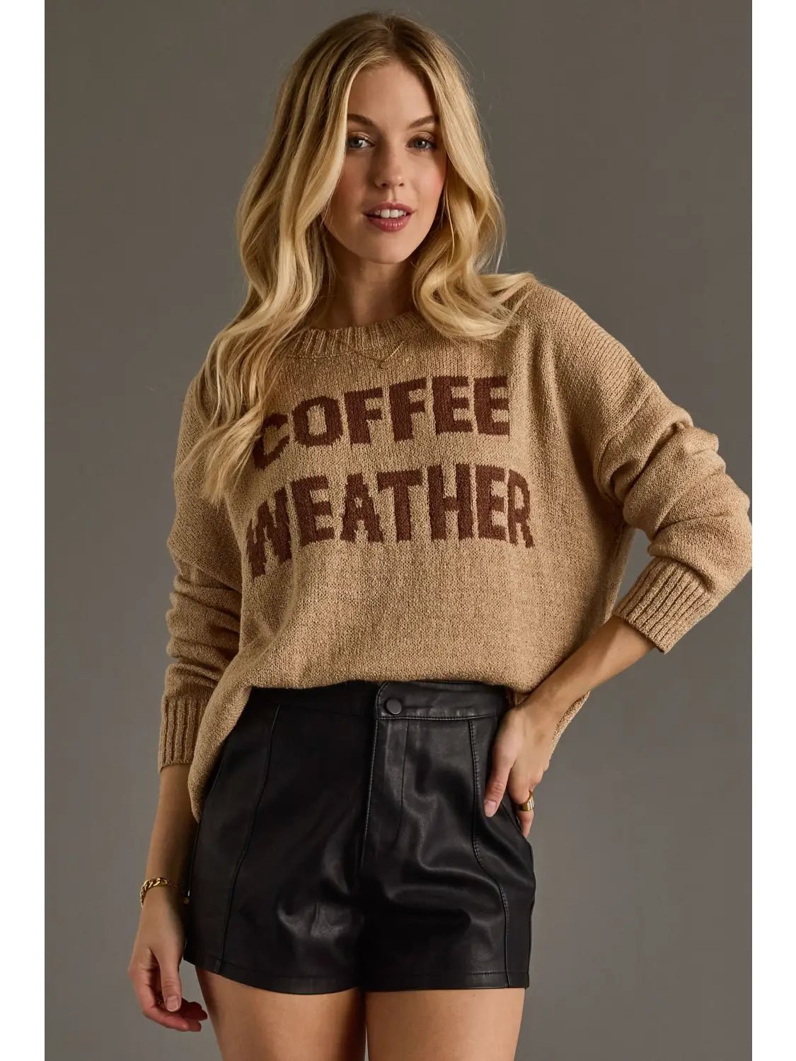 Tan Knit “Coffee Weather” Sweater - Juli's Wearable Art
