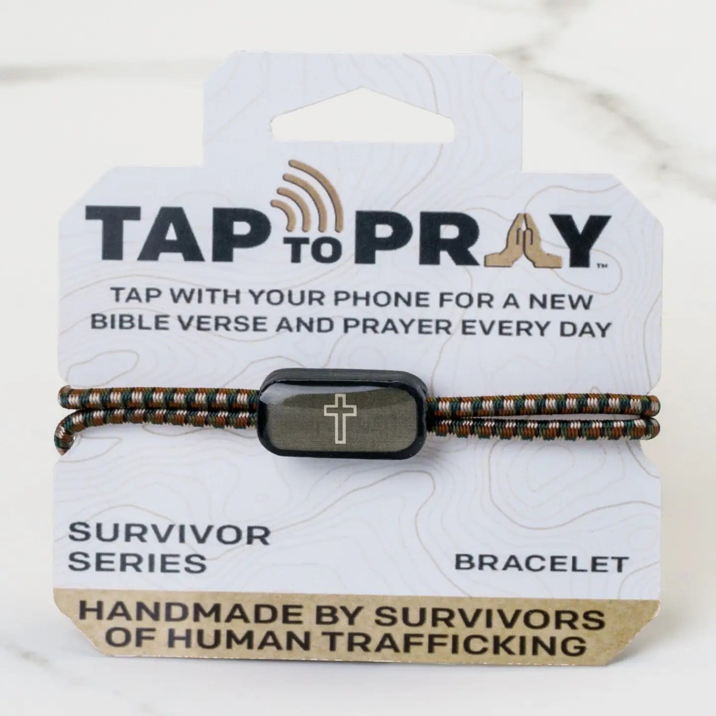 Tap To Pray® Survivor Series Tactical Bracelet | Camo Green + Cross - Juli's Wearable Art