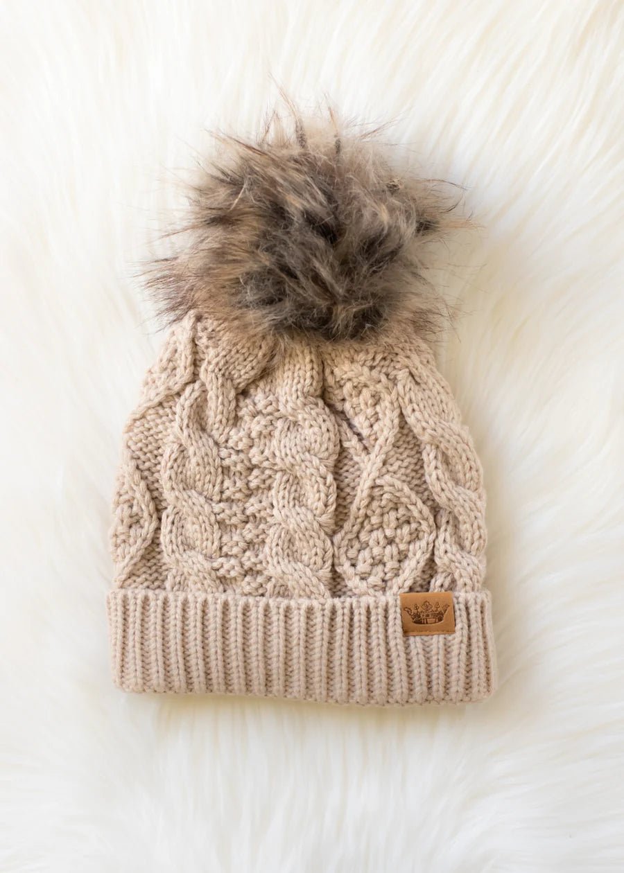Taupe Cable Knit Pom Hat with Faux Fur Pom - Juli's Wearable Art