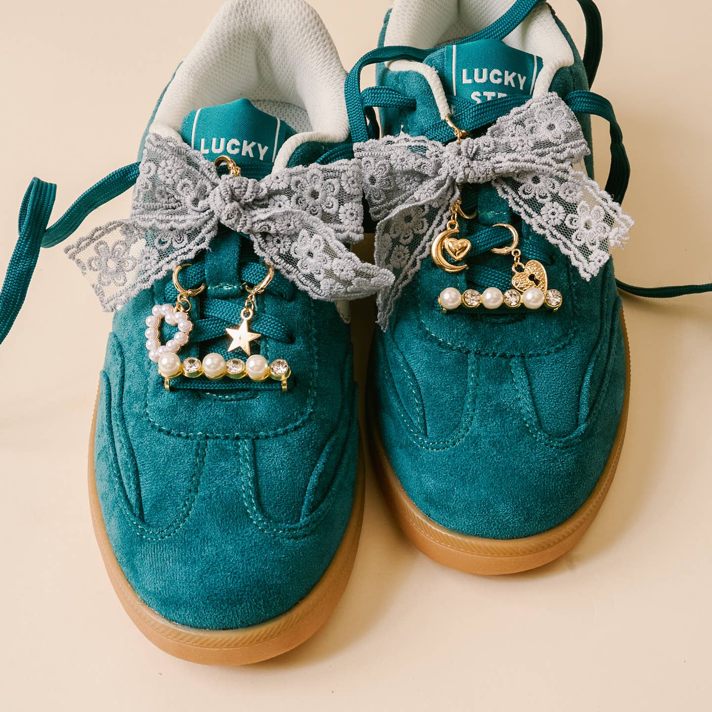 The Darling Effect Dazzle Shoe Charm Pack – Stardust | Pearl, Gold Heart & Ribbon Lace Charms - Juli's Wearable Art