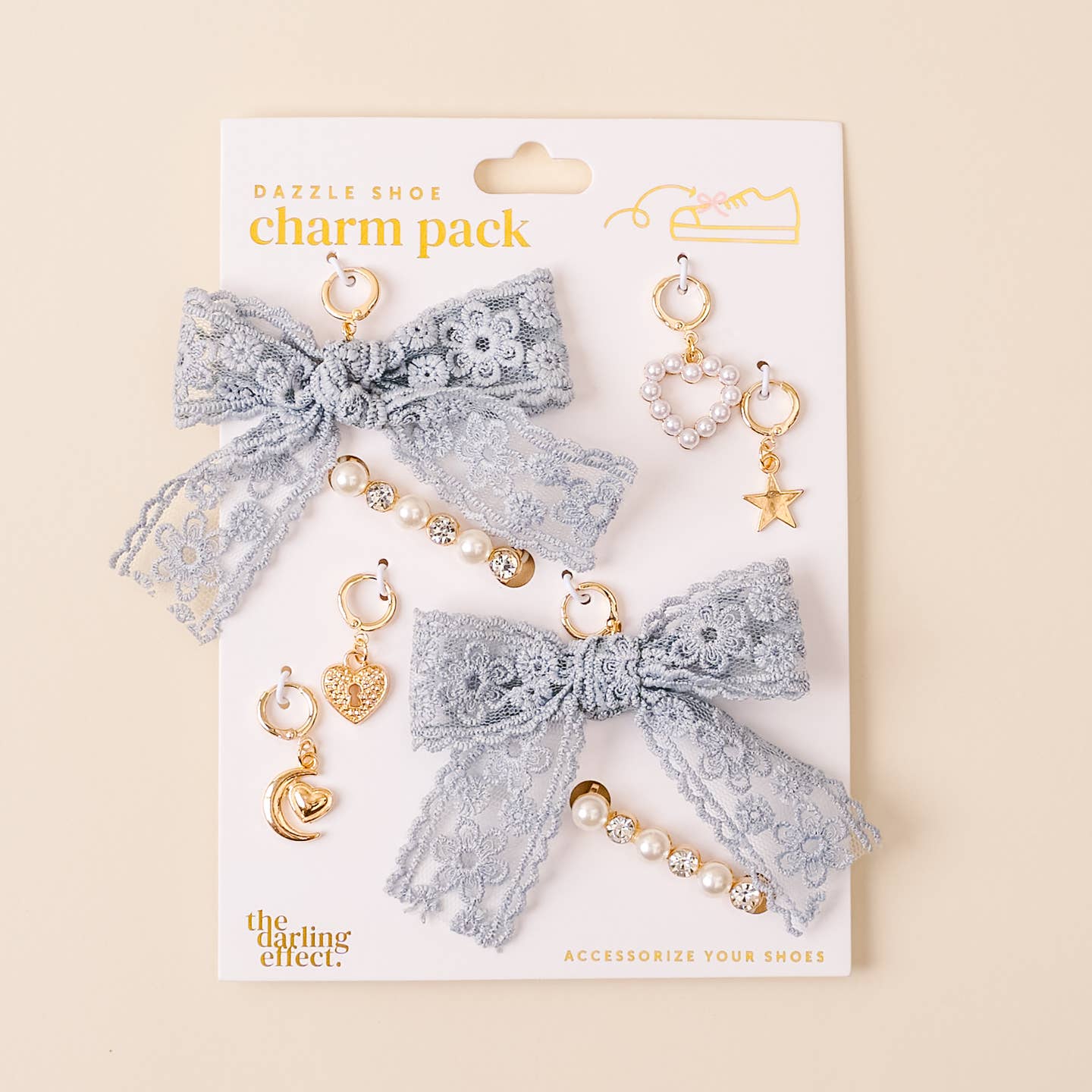 The Darling Effect Dazzle Shoe Charm Pack – Stardust | Pearl, Gold Heart & Ribbon Lace Charms - Juli's Wearable Art