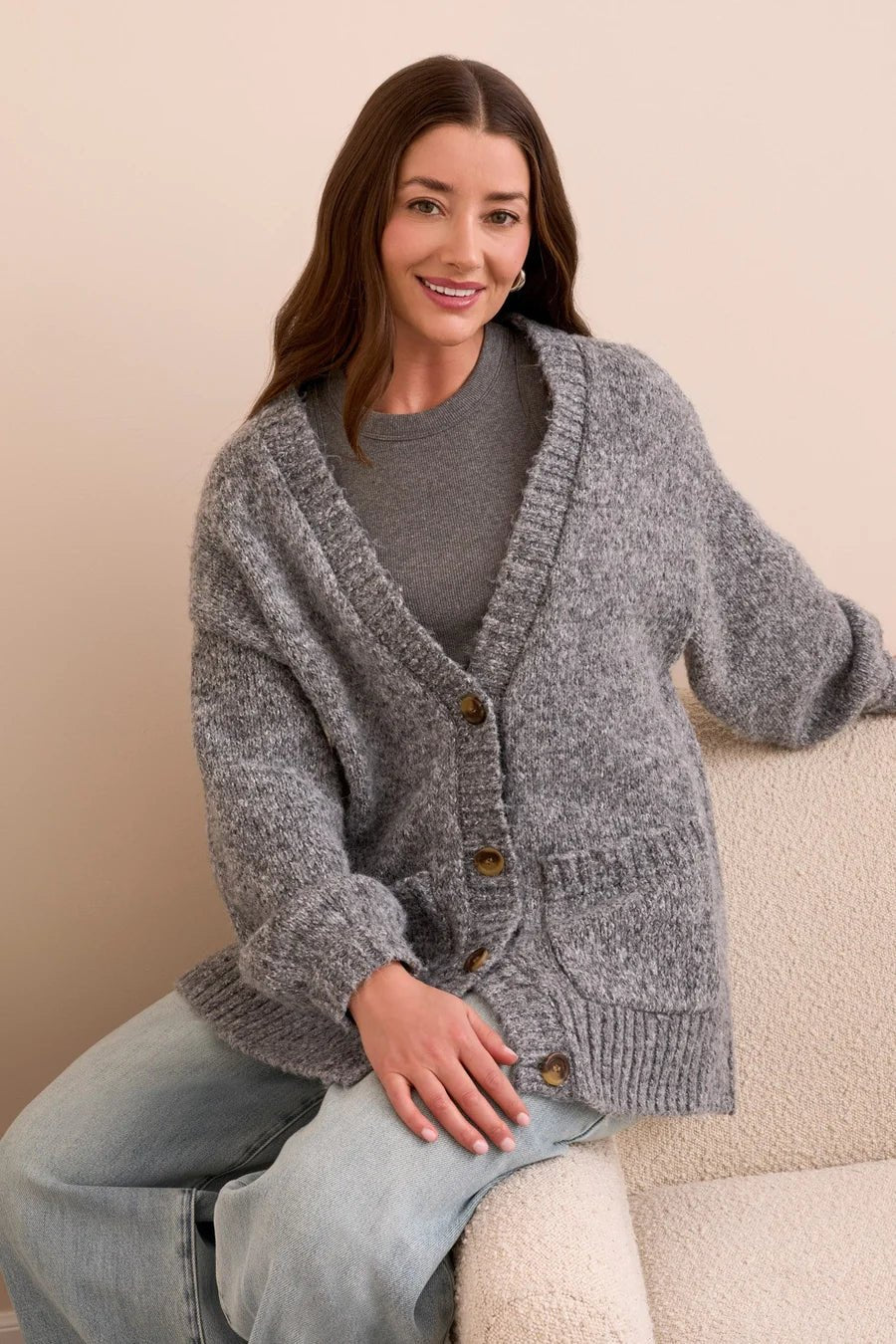 Tribal Blue Thread Oversize Puff Sleeve Sweater Cardigan – Heathered Charcoal - Juli's Wearable Art