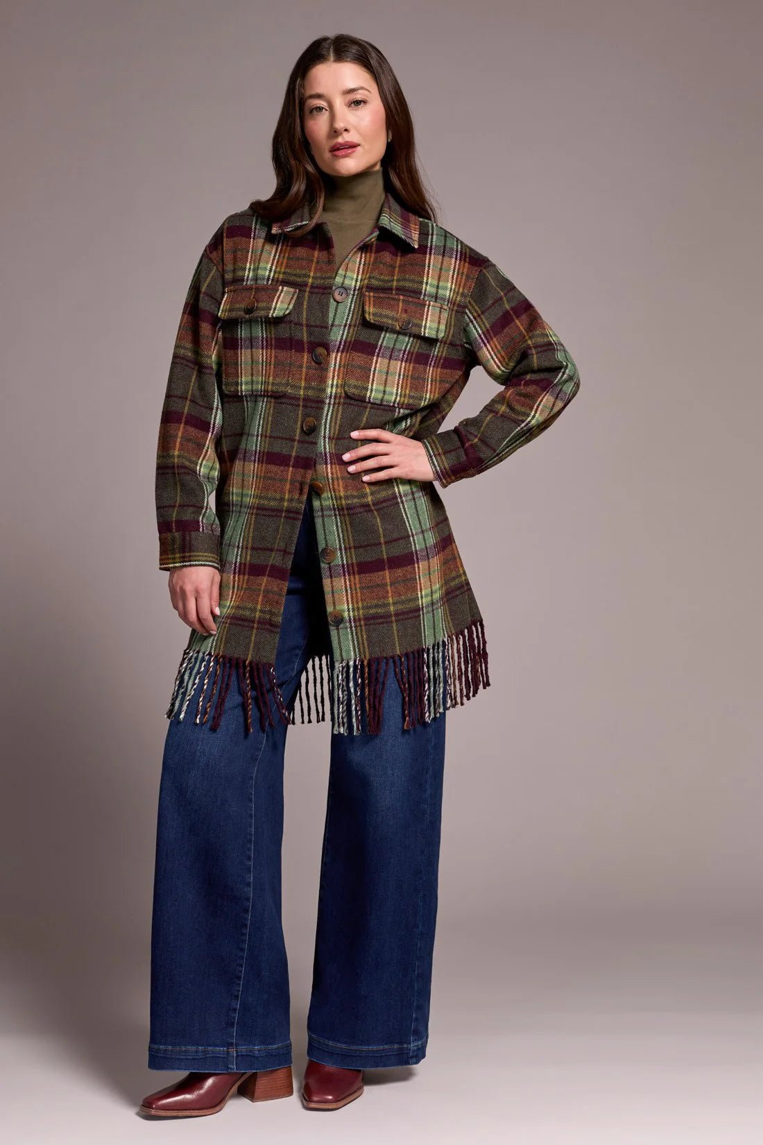 Tribal Brushed Plaid Fringe - Hem Button - Front Shacket - Juli's Wearable Art