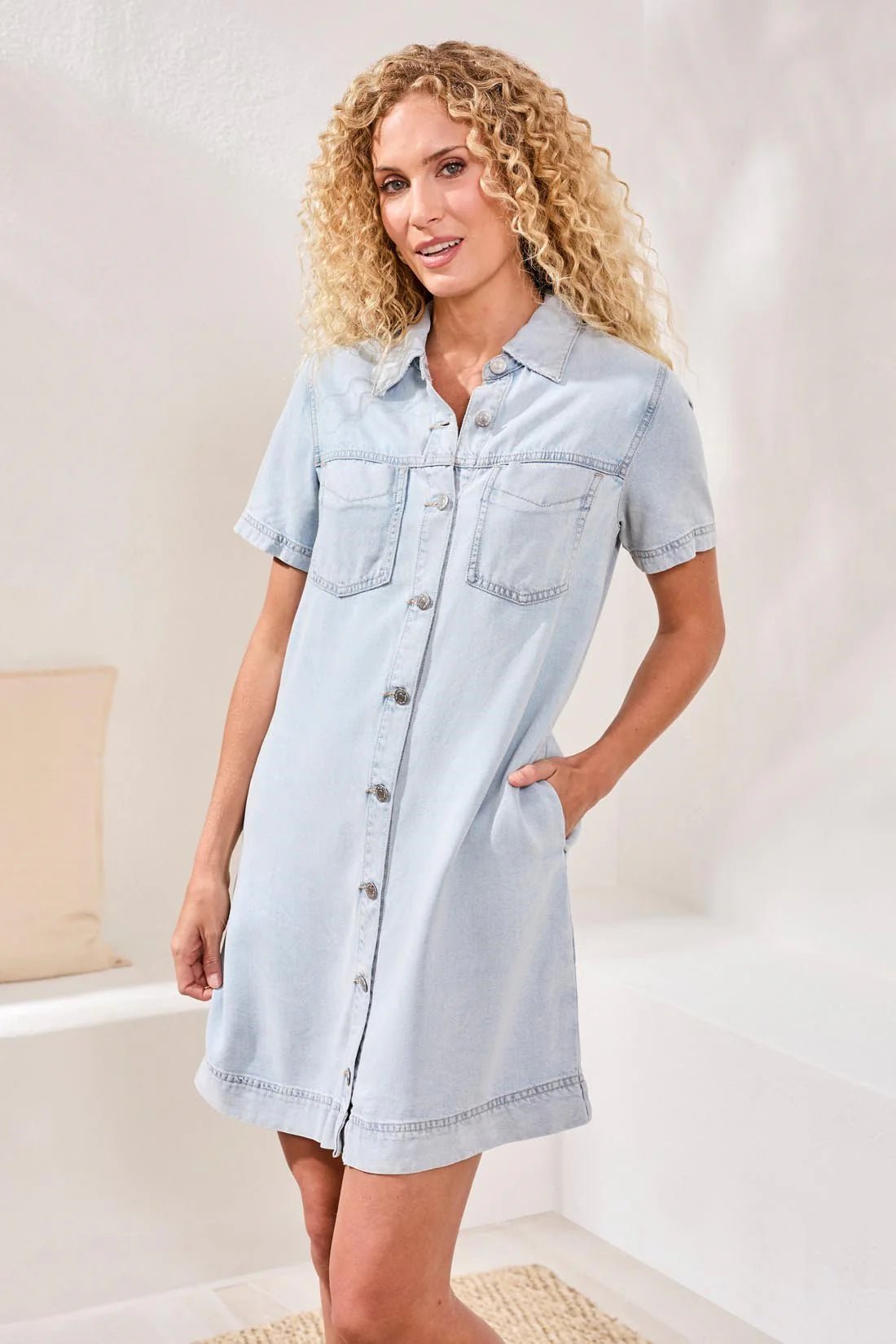 Button Front Tencel Denim Shift Dress- Bondi Beach - L / Bondi Beach Button Front Tencel Denim Shift Dress- Bondi Beach - L / Bondi Beach