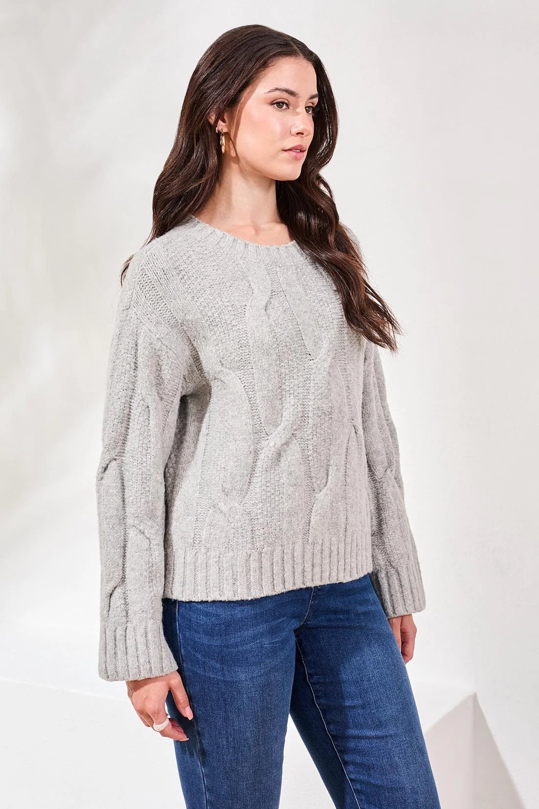 Tribal Cable - Knit Textured Crewneck Sweater – Grey Mix - Juli's Wearable Art