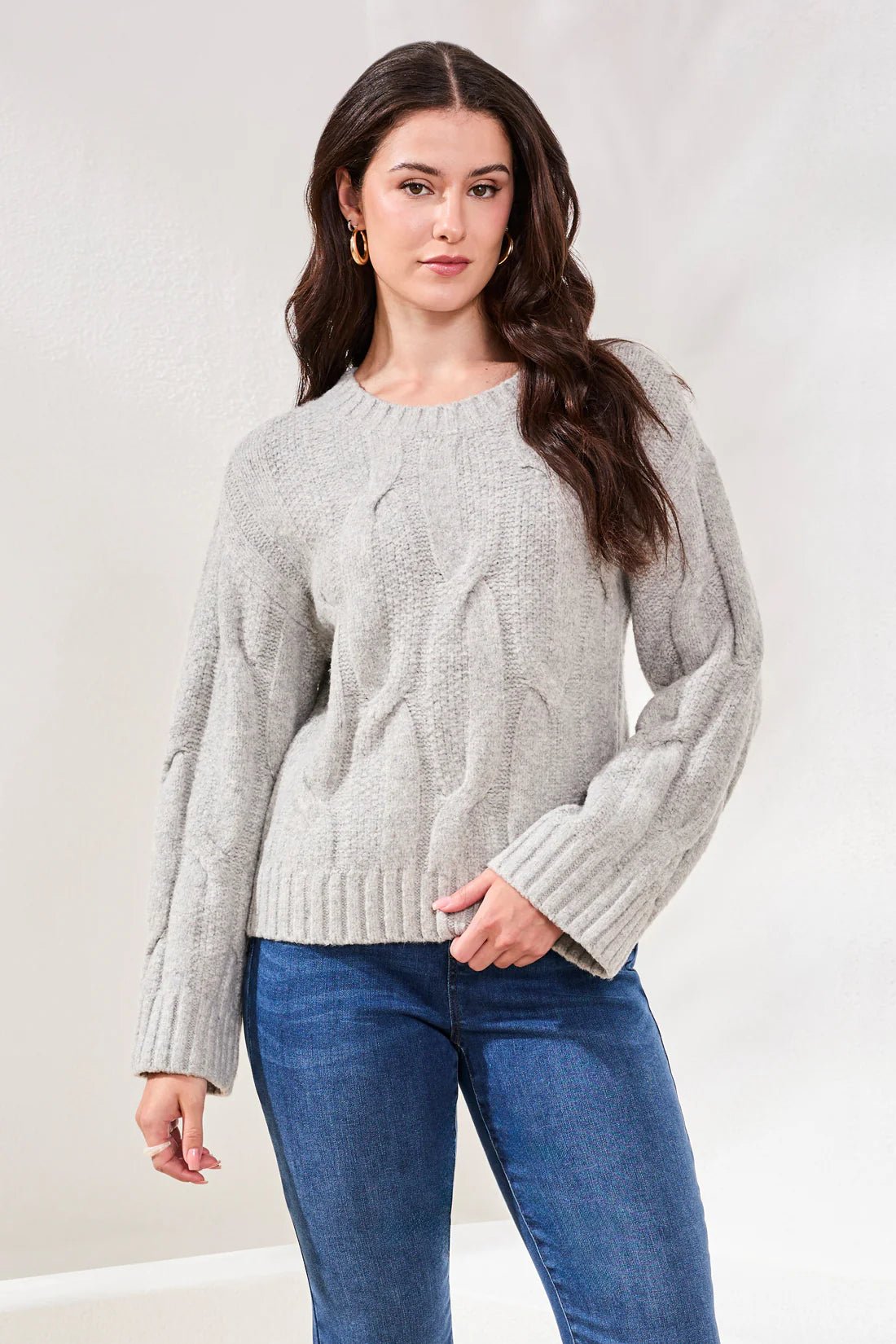 Tribal Cable - Knit Textured Crewneck Sweater – Grey Mix - Juli's Wearable Art