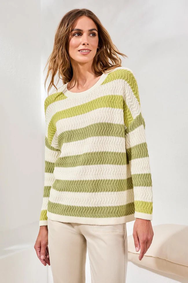 Tribal Crew Neck Drop Shoulder 3/4 Sleeve Sweater | Kiwi Zest - Juli's Wearable Art