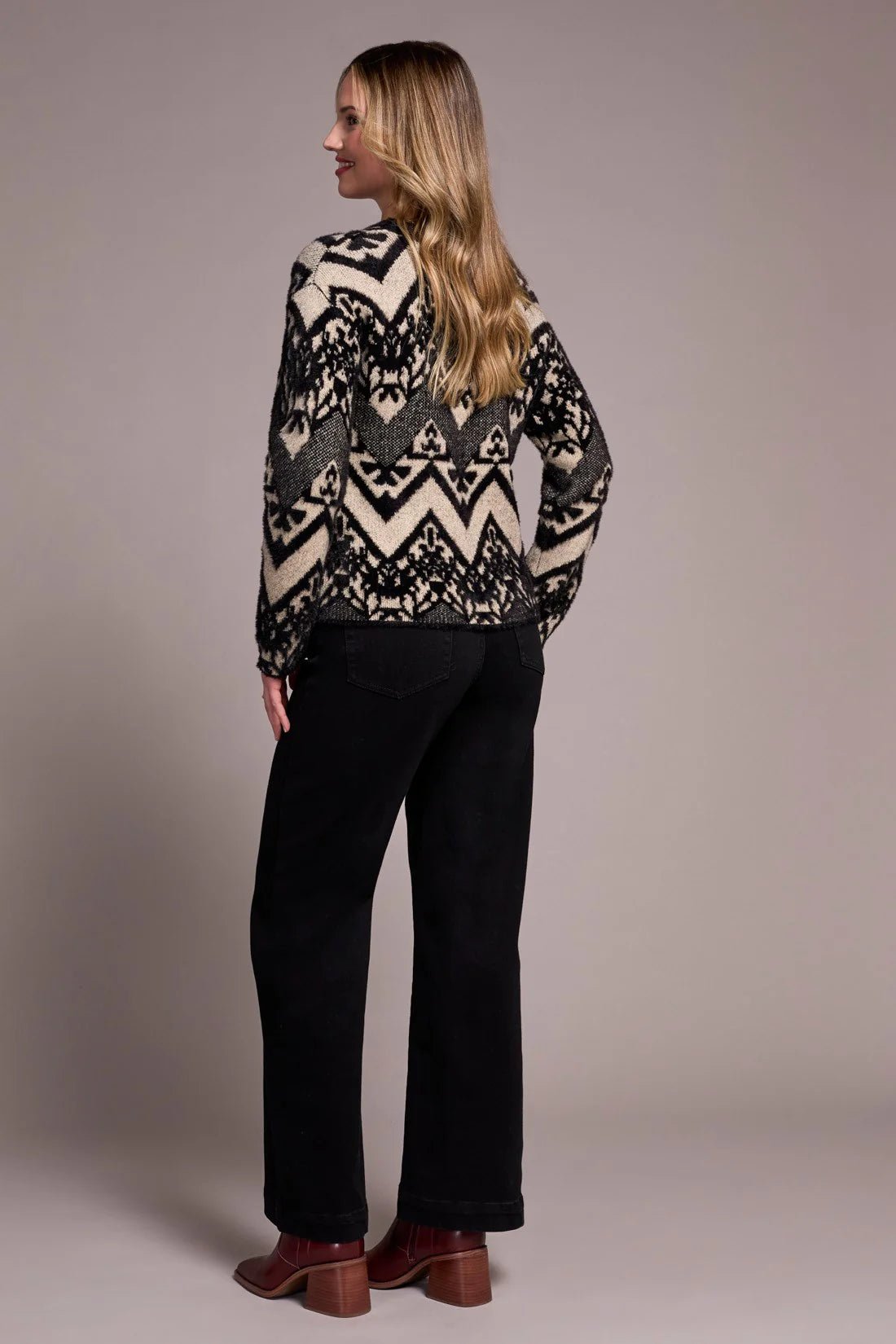 Tribal Double - Knit Eyelash Yarn Crew Neck Sweater – Black - Juli's Wearable Art