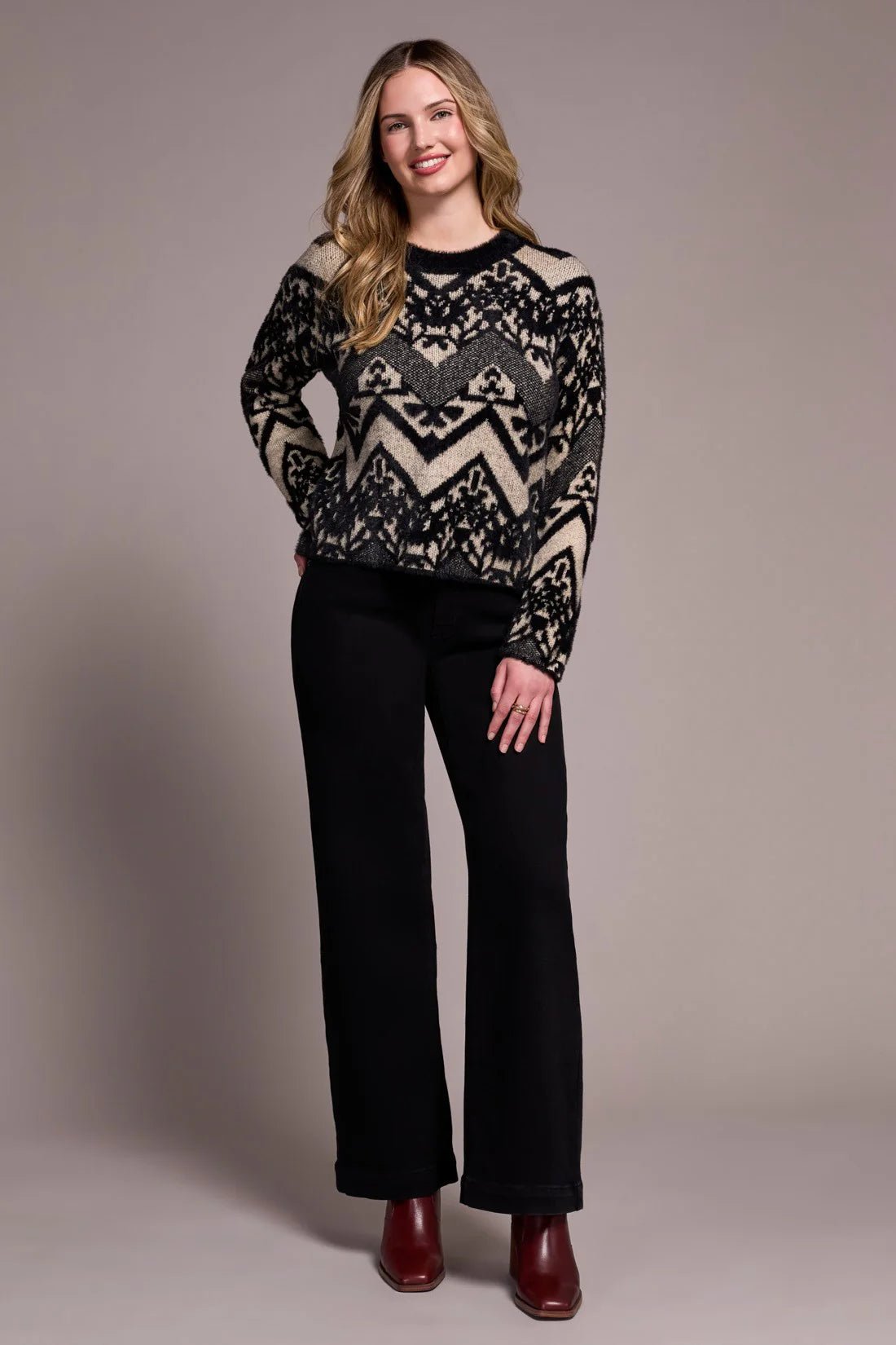 Tribal Double - Knit Eyelash Yarn Crew Neck Sweater – Black - Juli's Wearable Art