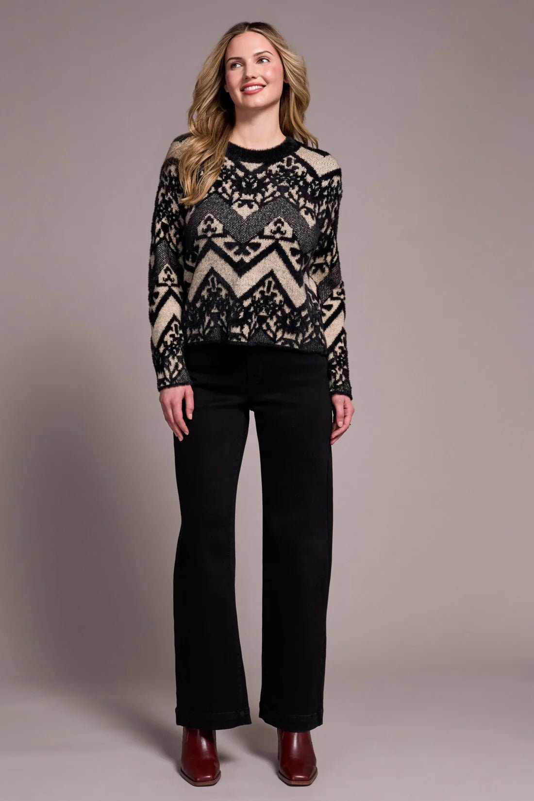 Tribal Double - Knit Eyelash Yarn Crew Neck Sweater – Black - Juli's Wearable Art