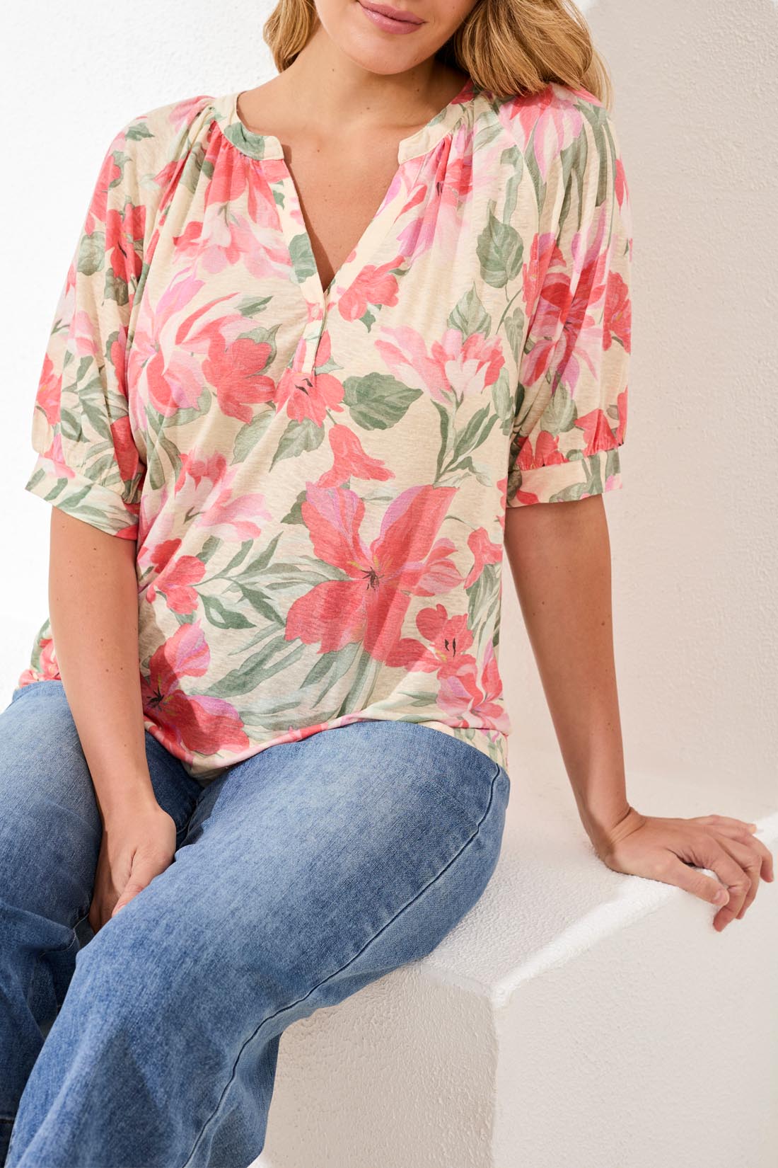 Tribal Elbow Sleeve Henley Top - Juli's Wearable Art