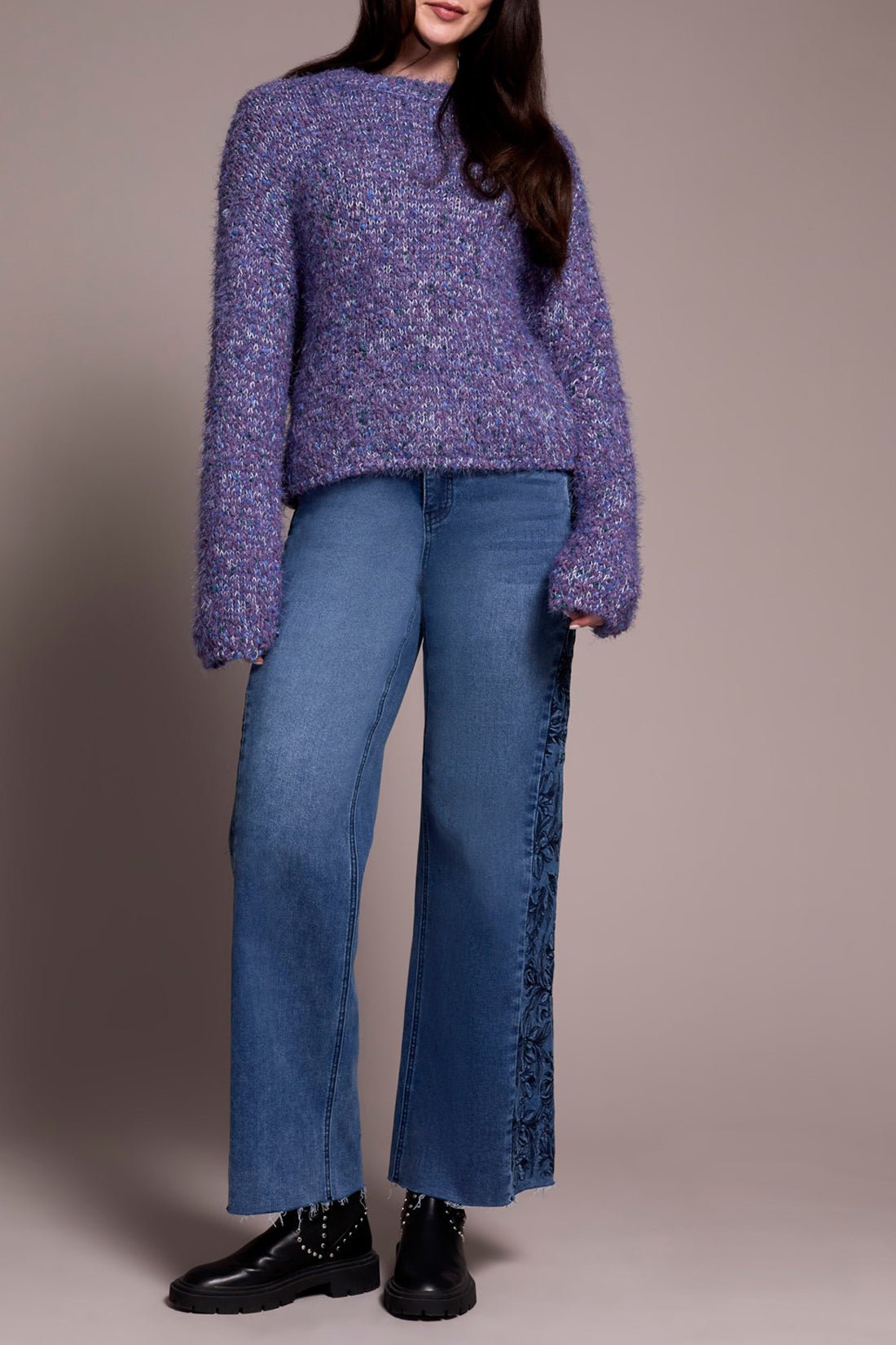 Tribal Fuzzy Eyelash Drop Shoulder Puff Sleeve Sweater - Blue Violet - Juli's Wearable Art