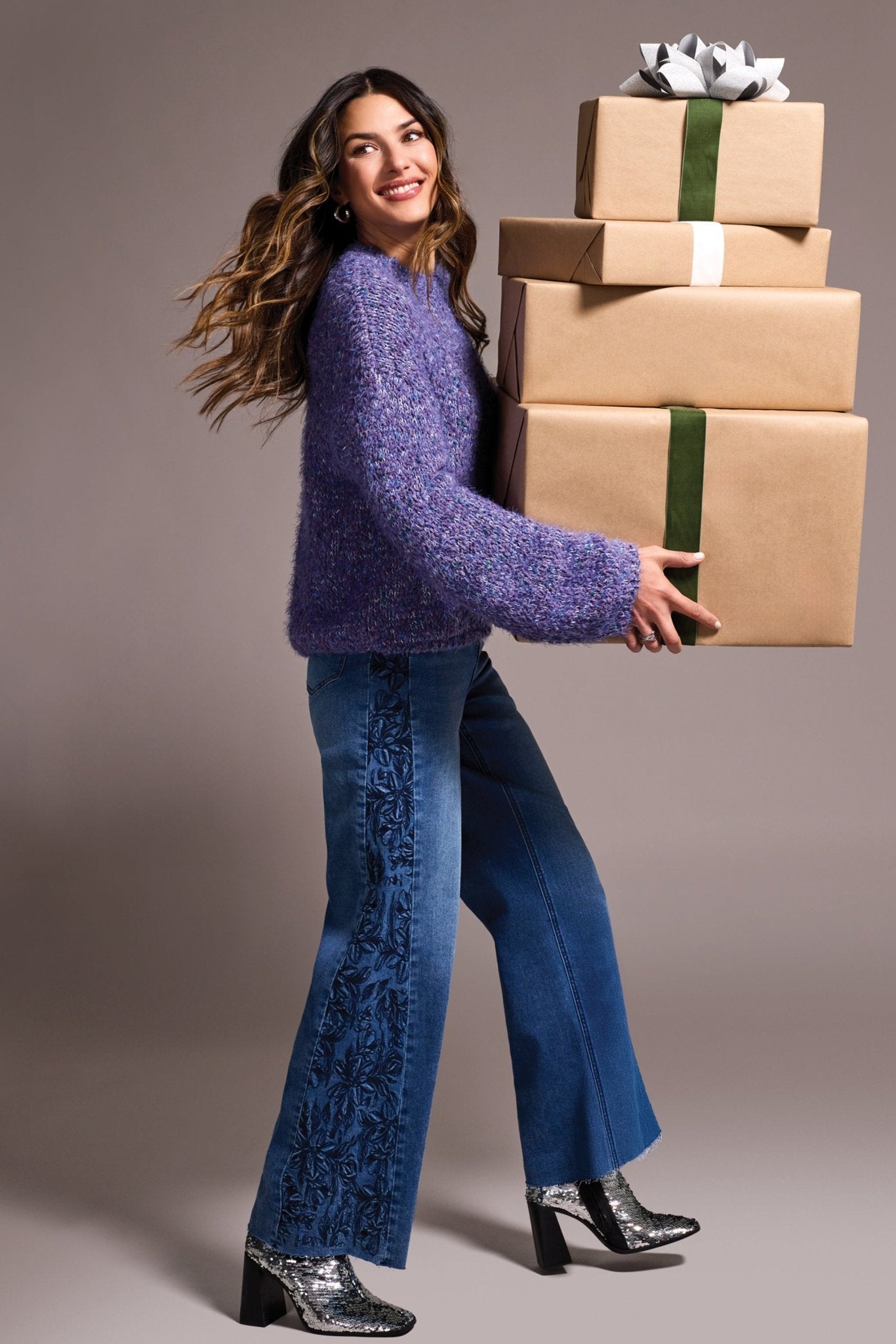 Tribal Fuzzy Eyelash Drop Shoulder Puff Sleeve Sweater - Blue Violet - Juli's Wearable Art