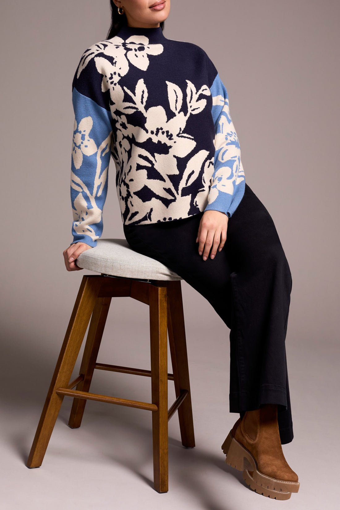 Tribal Jacquard Funnel Neck Sweater - Sapphire Blue - Juli's Wearable Art