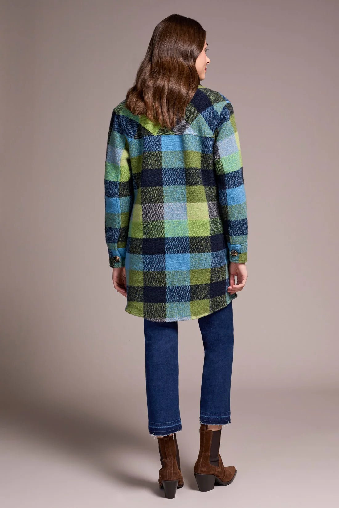 Tribal Knit Notch Collar Shacket - Nightfall Green & Blue Plaid - Juli's Wearable Art