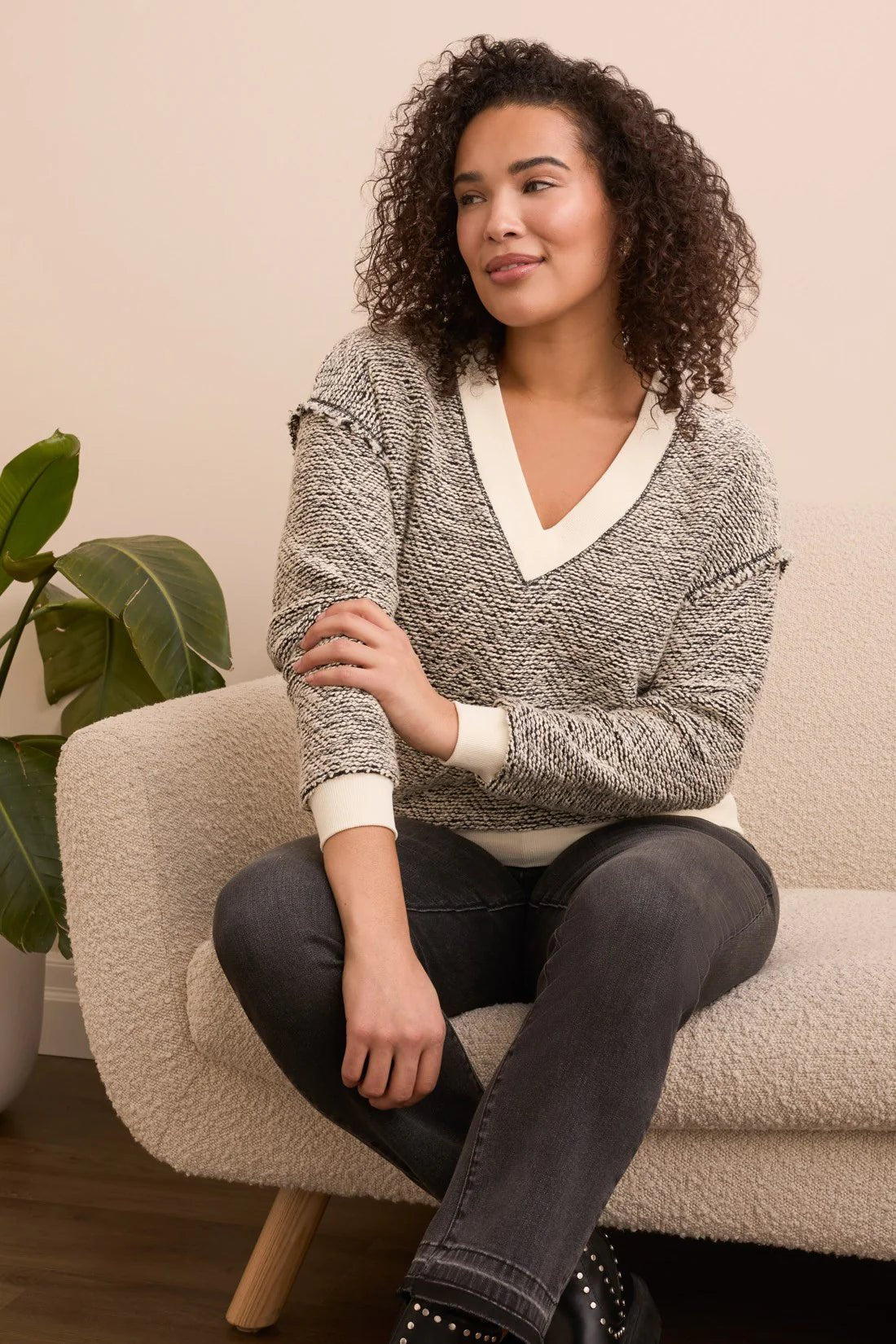 Tribal Lightweight Textured - Knit V - Neck Sweater – Cream - Juli's Wearable Art