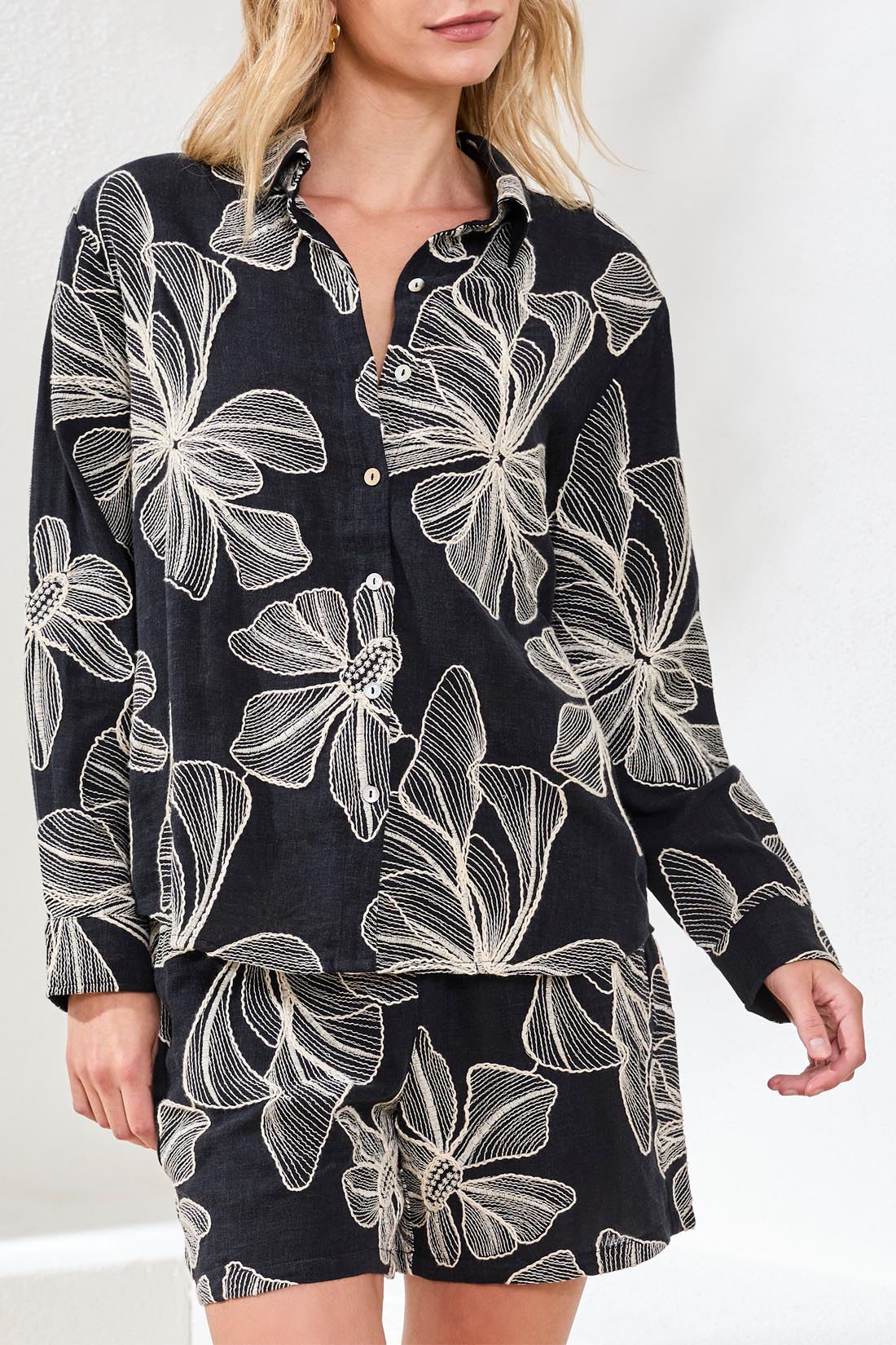 Tribal Long Sleeve Button Front Blouse | Black Floral - Juli's Wearable Art
