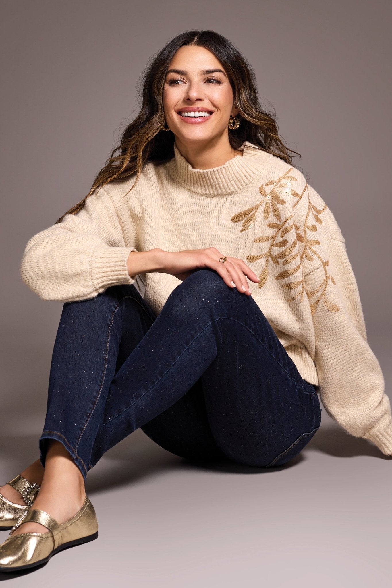 Tribal Long Sleeve Mock Neck Sweater with Sequins – Latte - Juli's Wearable Art