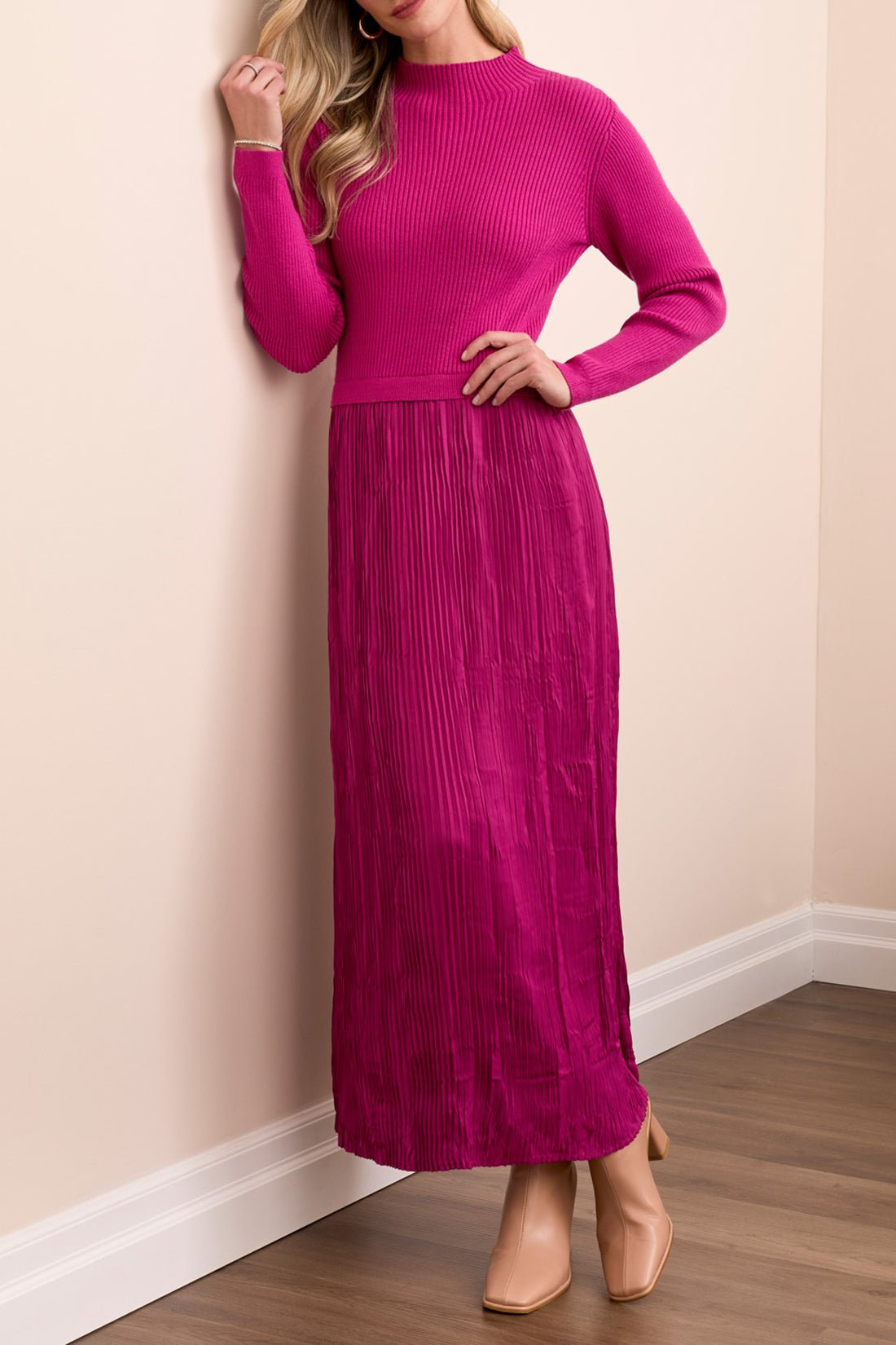 Tribal Long - Sleeve Twofer Maxi Dress with Lining – Pink Flambé - Juli's Wearable Art