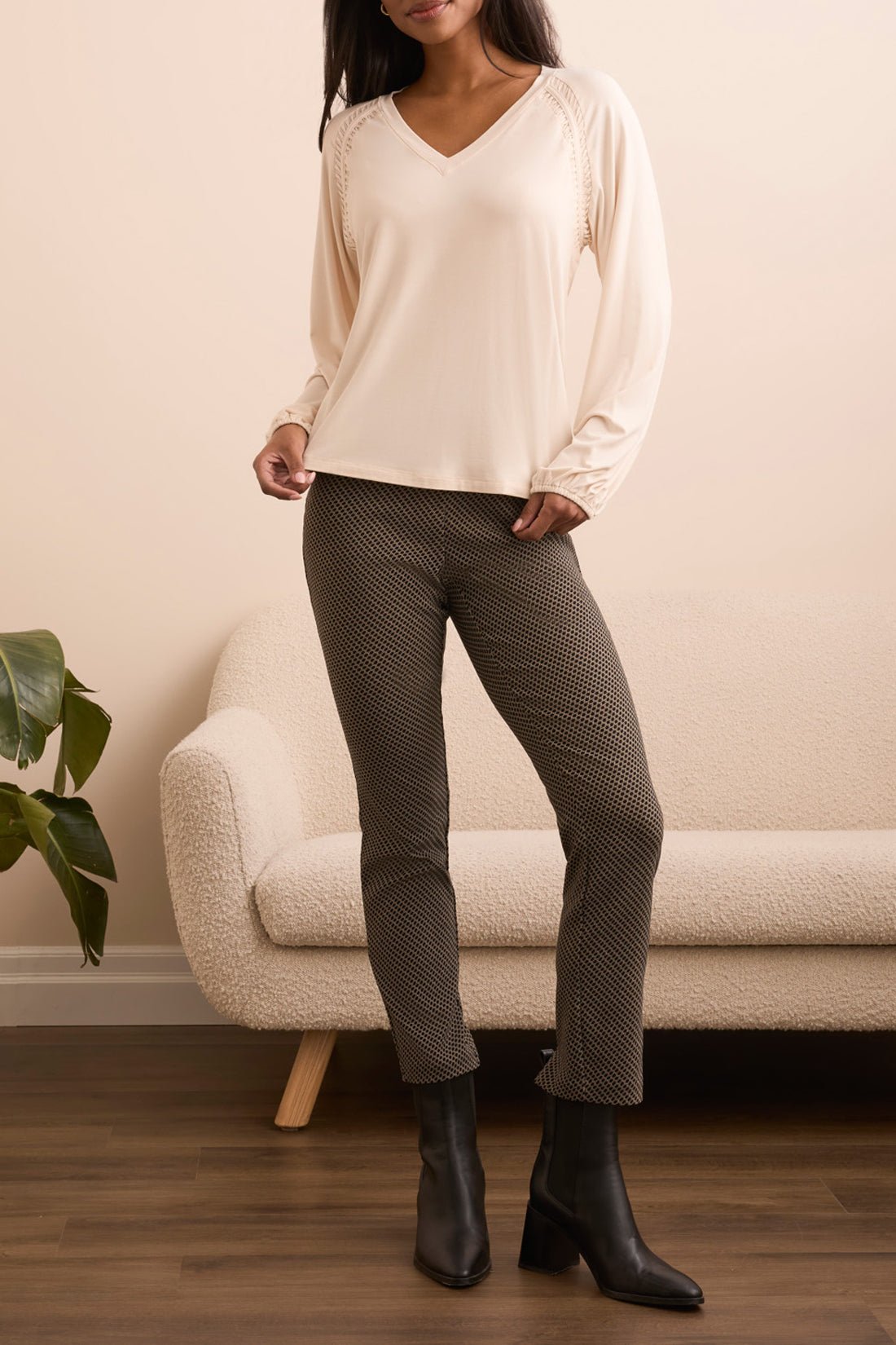 Tribal Long Sleeve V - Neck Top with Pleating Detail – Moonstone - Juli's Wearable Art