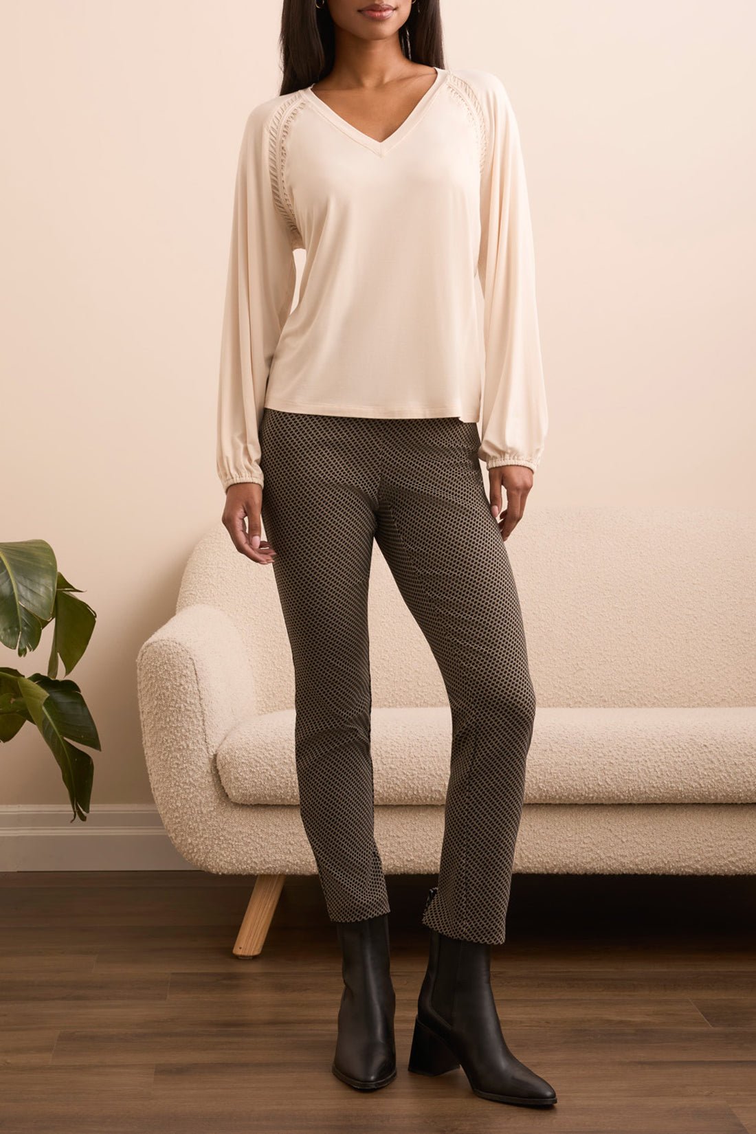 Tribal Long Sleeve V - Neck Top with Pleating Detail – Moonstone - Juli's Wearable Art