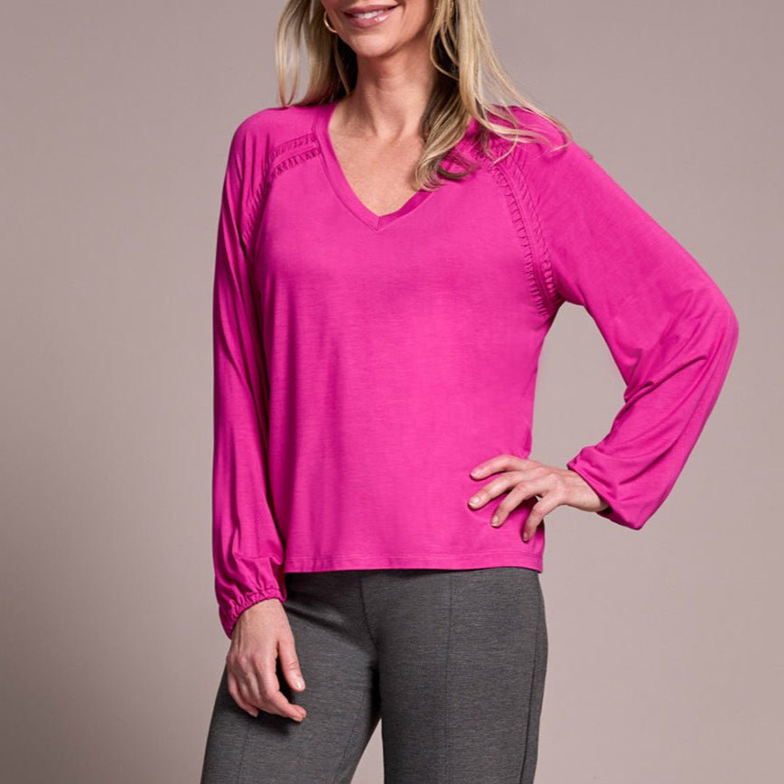 Tribal Long Sleeve V - Neck Top with Pleating Detail – Pink Flambe - Juli's Wearable Art