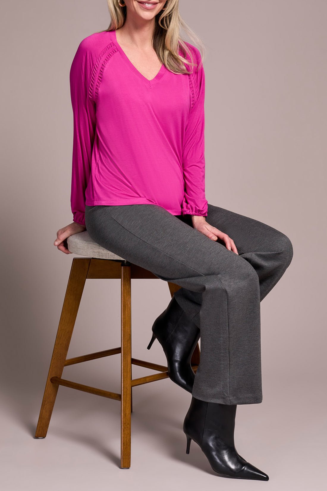 Tribal Long Sleeve V - Neck Top with Pleating Detail – Pink Flambe - Juli's Wearable Art