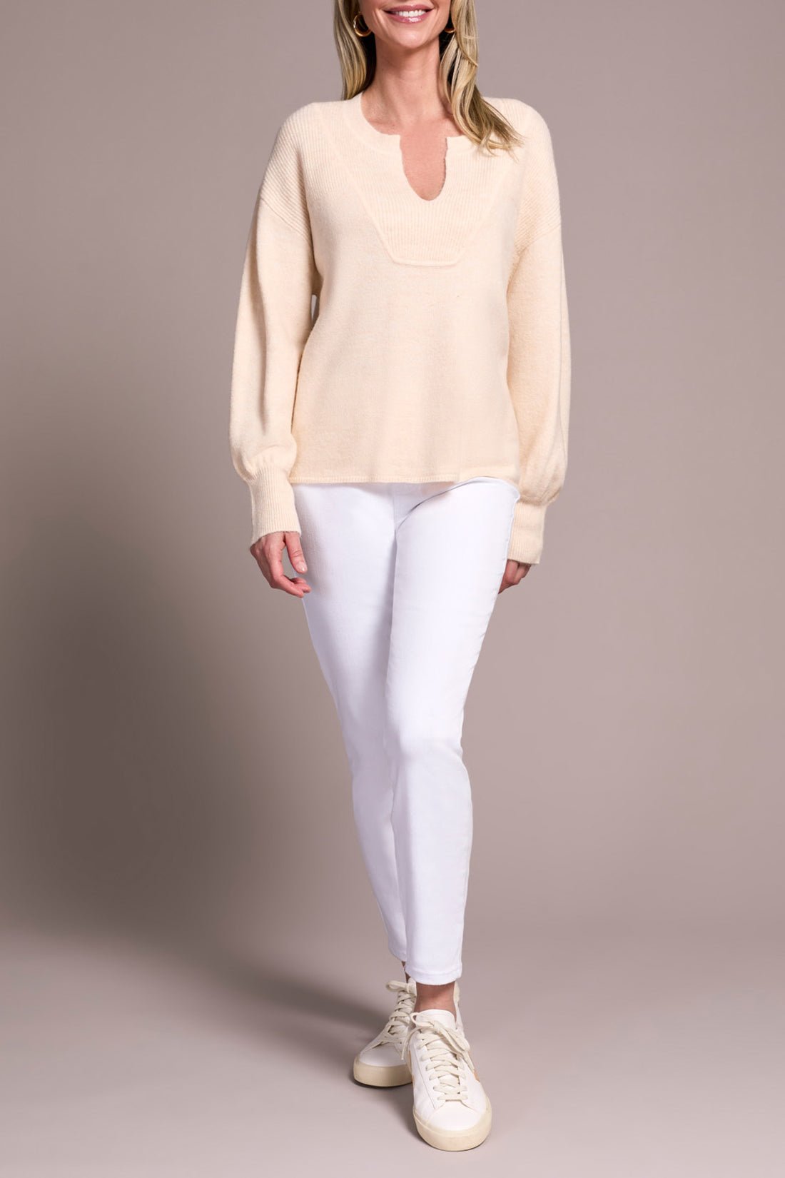 Tribal Mandarin Collar Long Puff Sleeve Sweater - Moonstone - Juli's Wearable Art