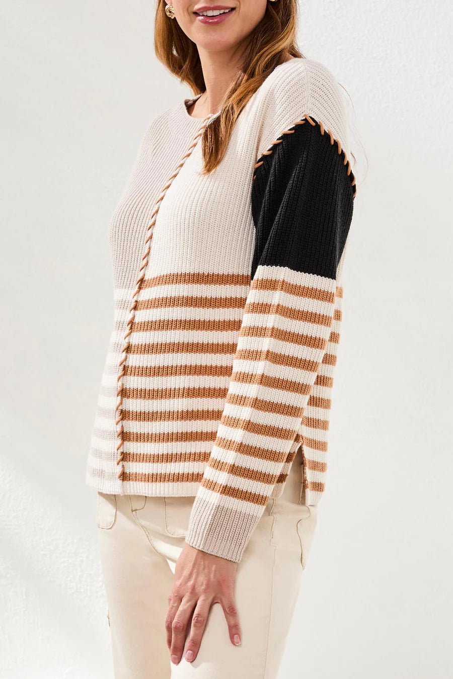 Tribal Multi Stripe Textured Boat Neck Sweater | Quartz Multi - Juli's Wearable Art