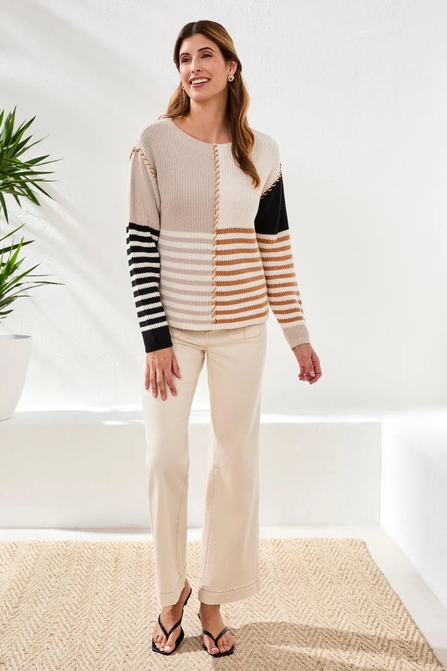 Tribal Multi Stripe Textured Boat Neck Sweater | Quartz Multi - Juli's Wearable Art