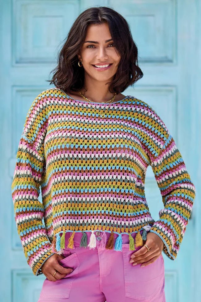 Tribal Multicolor Crochet Bell Sleeve Sweater with Tassels - Juli's Wearable Art