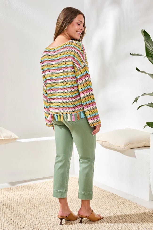 Tribal Multicolor Crochet Bell Sleeve Sweater with Tassels - Juli's Wearable Art