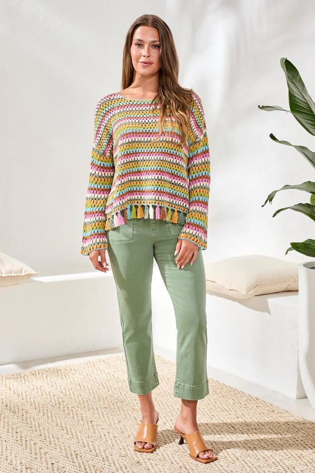 Tribal Multicolor Crochet Bell Sleeve Sweater with Tassels - Juli's Wearable Art