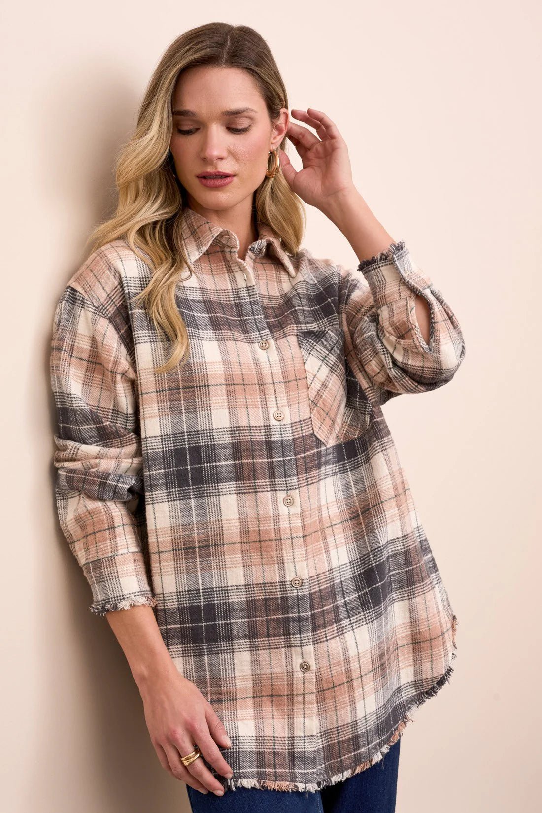 Tribal Plaid Flannel Fringed - Hem Shirt - Juli's Wearable Art