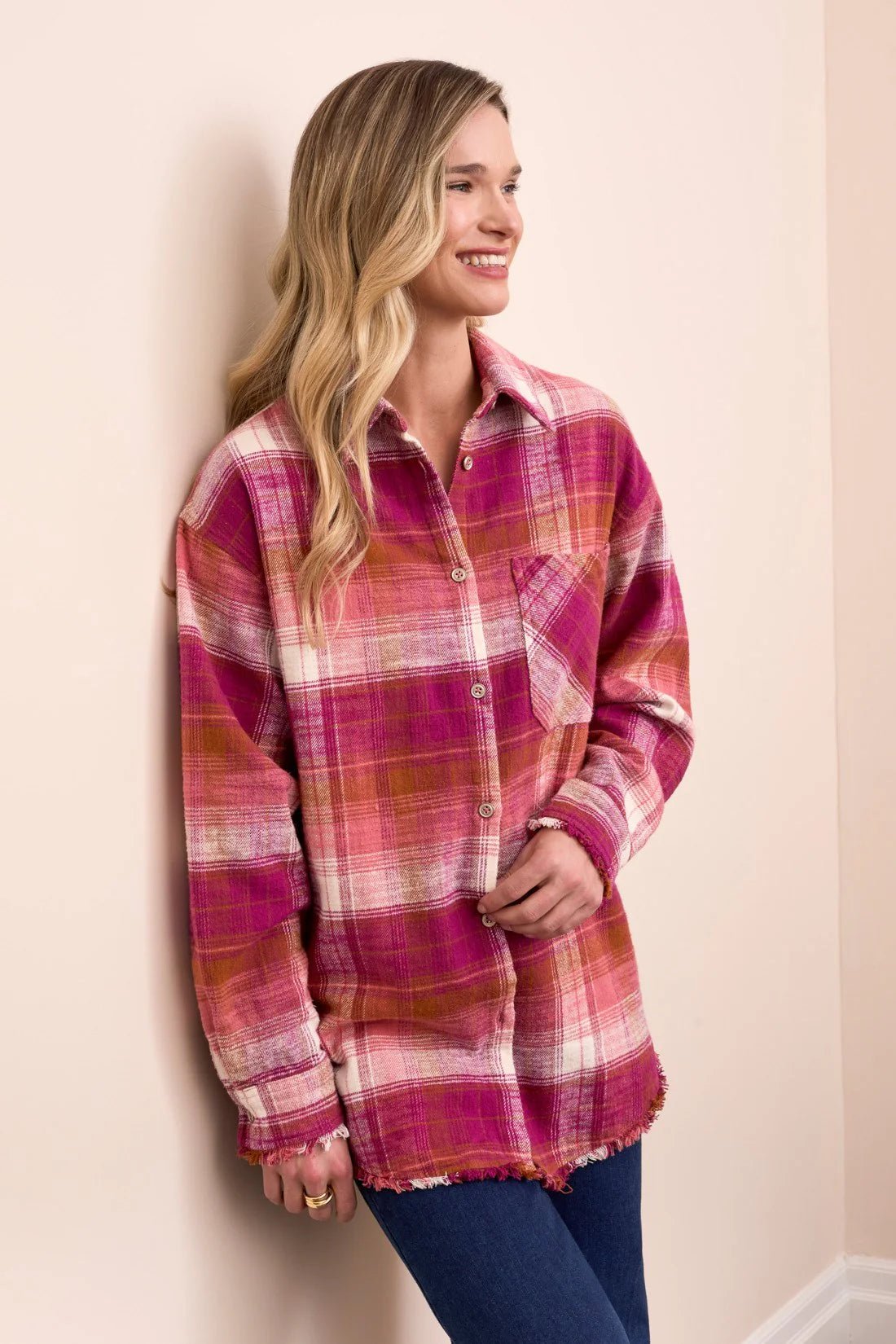 Tribal Plaid Flannel Fringed - Hem Shirt - Plum Wine - Juli's Wearable Art