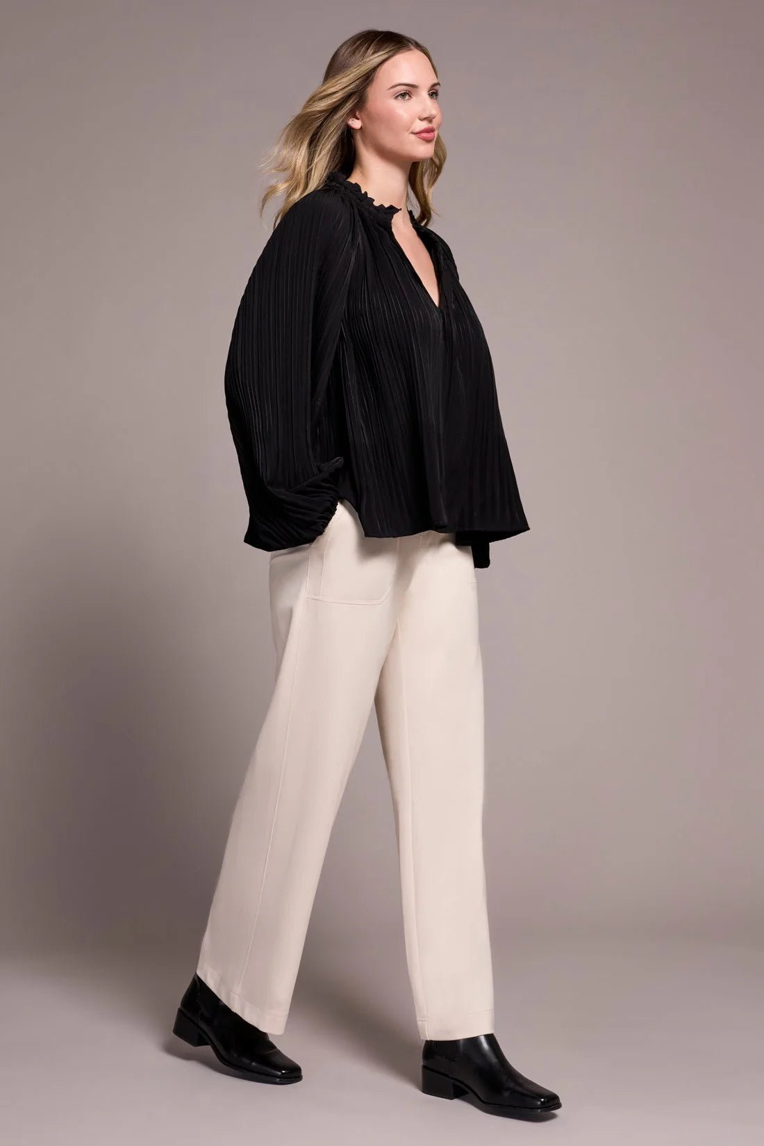 Tribal Pleated Ruffle Notch Collar Blouse – Black - Juli's Wearable Art