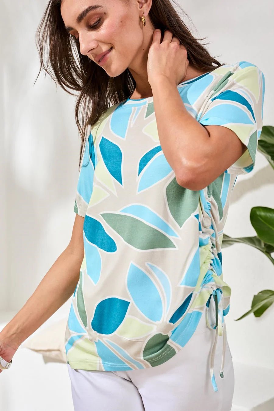 Tribal Printed Jersey Crew Neck Top With Side Ruching | Aqua Sky - Juli's Wearable Art