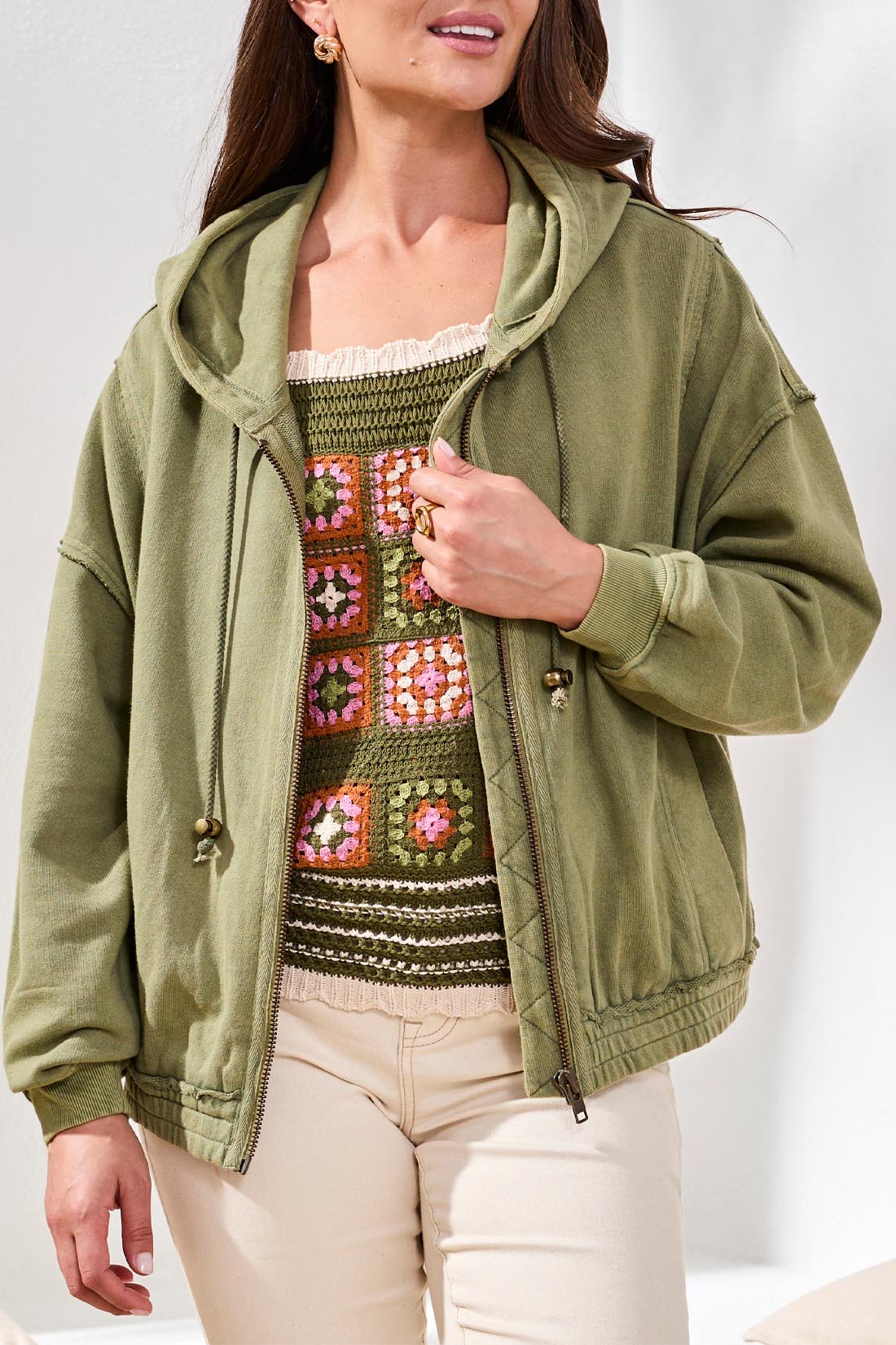 Tribal Puff Sleeve Zip - Up Hoodie with Special Wash Effect | Rain Forest - Juli's Wearable Art