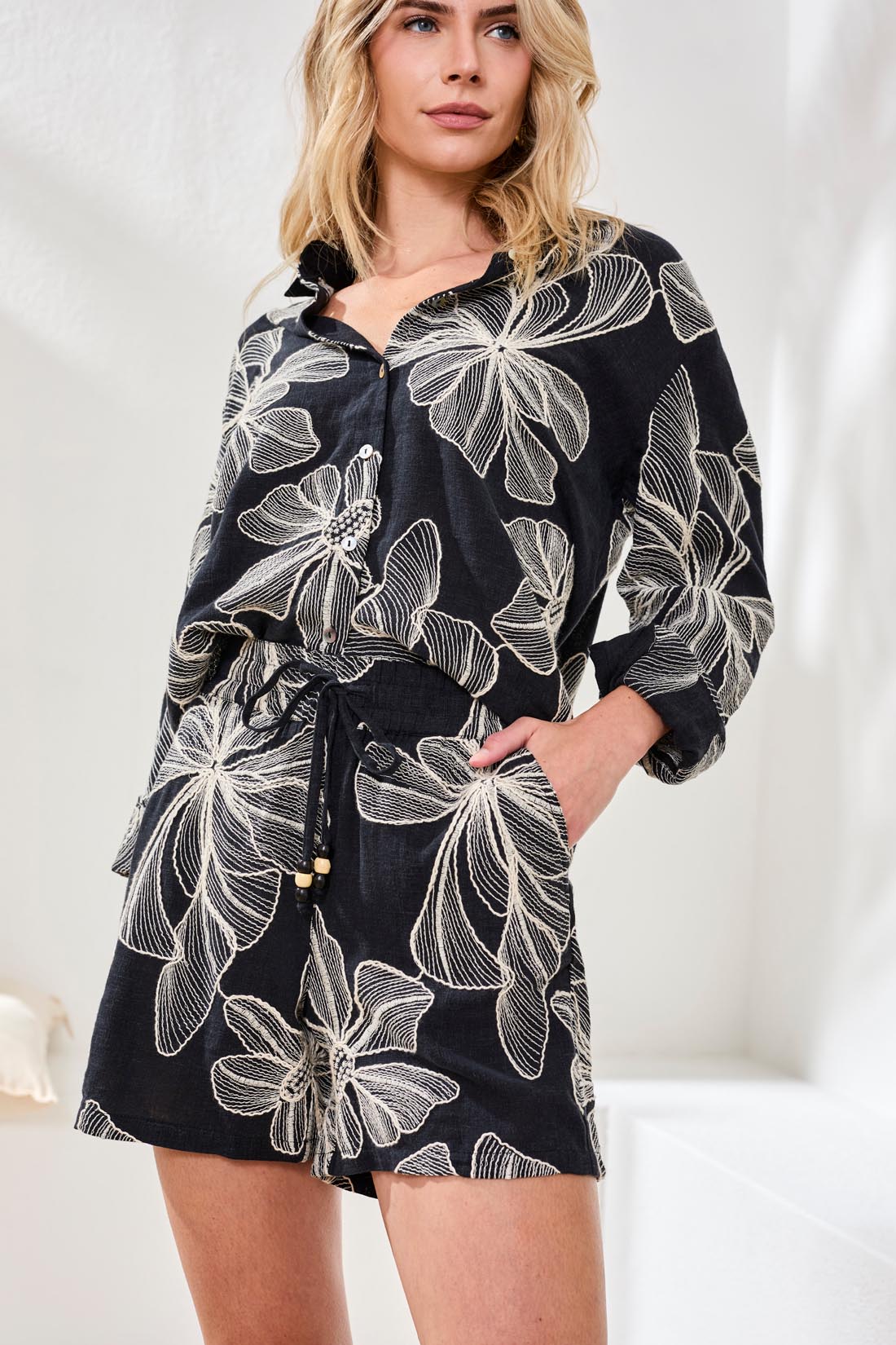 Tribal Pull - On Shorts with Drawcord | Black Floral - Juli's Wearable Art