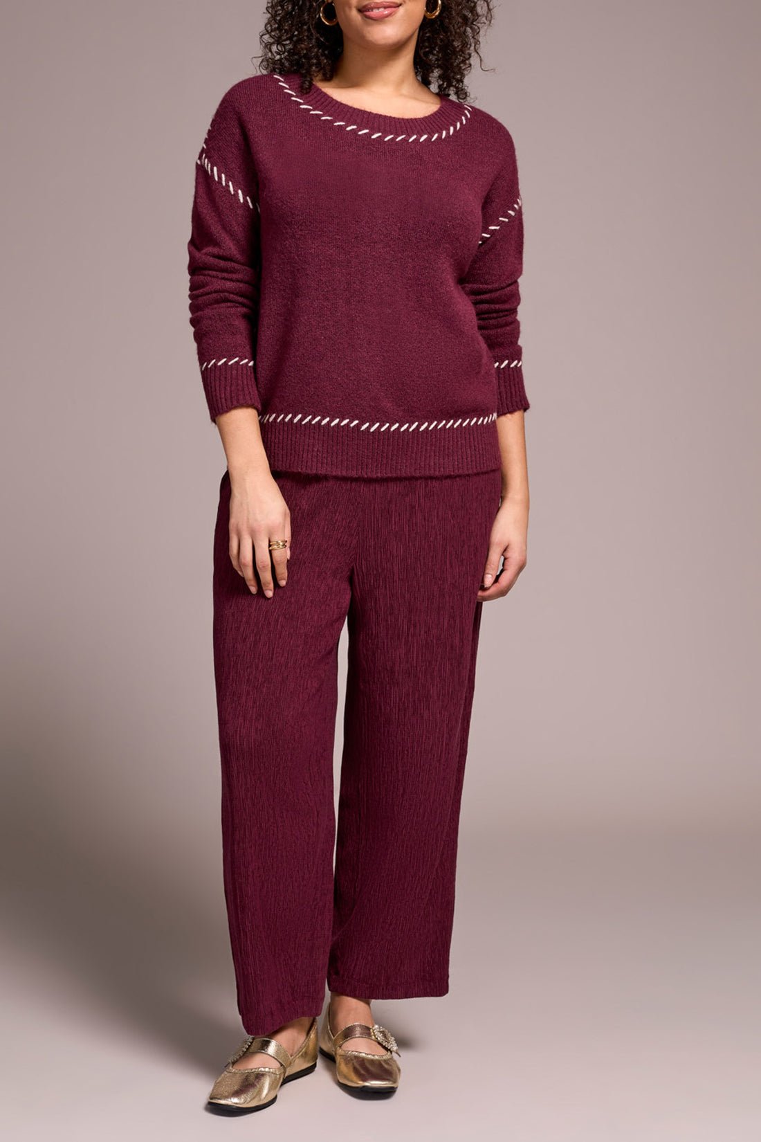 Tribal Saddle Stitch Crew Neck Sweater - Wine - Juli's Wearable Art