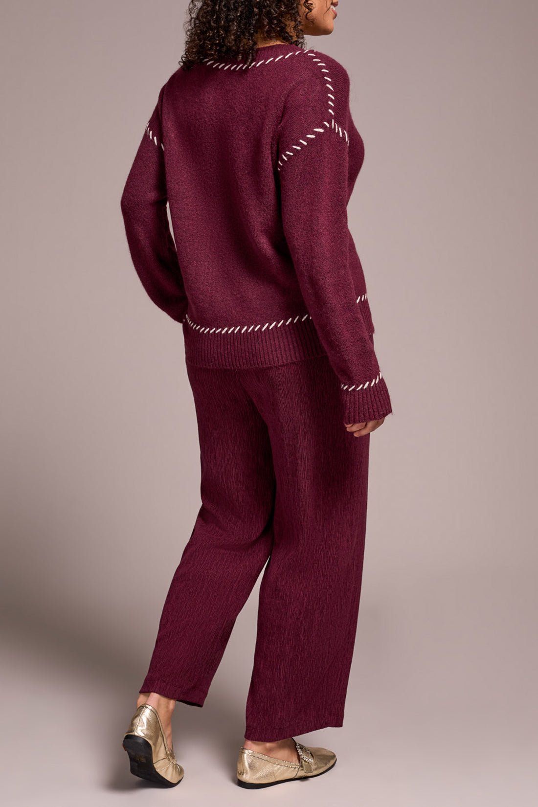 Tribal Saddle Stitch Crew Neck Sweater - Wine - Juli's Wearable Art